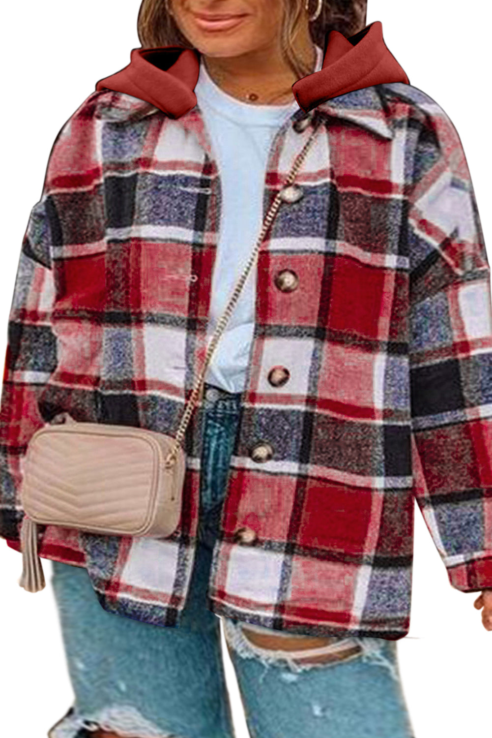 Red Printed Plus Size Plaid Button up Hooded Jacket