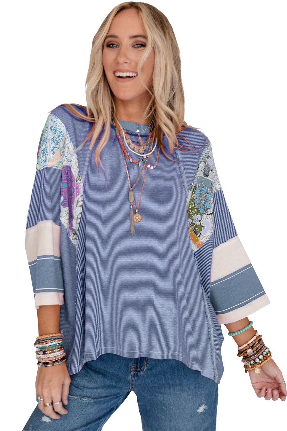 Sky Blue Printed Pinstriped Color Block Patchwork Oversized Top