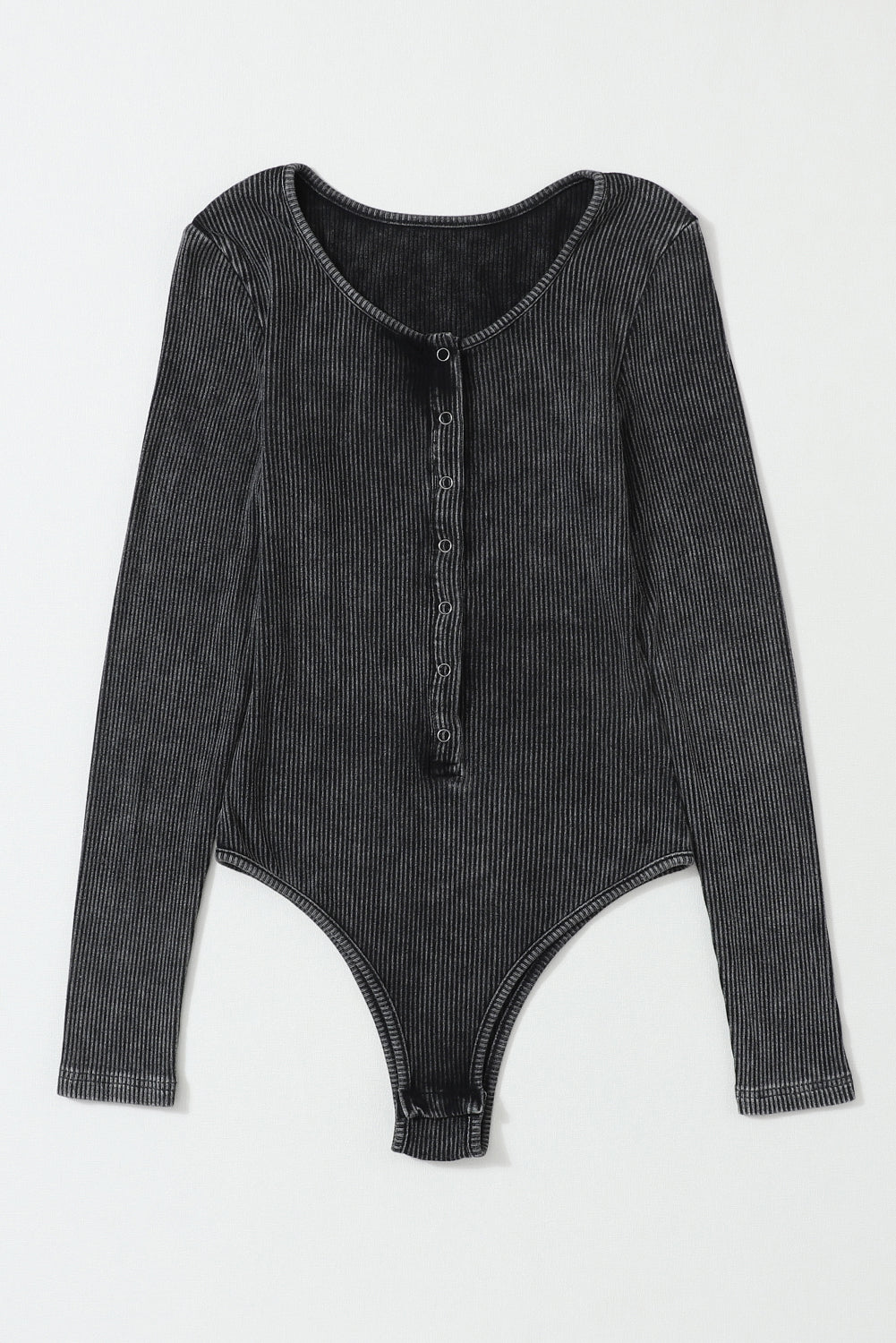 Black Mineral Wash Ribbed Snap Buttons Long Sleeve Bodysuit