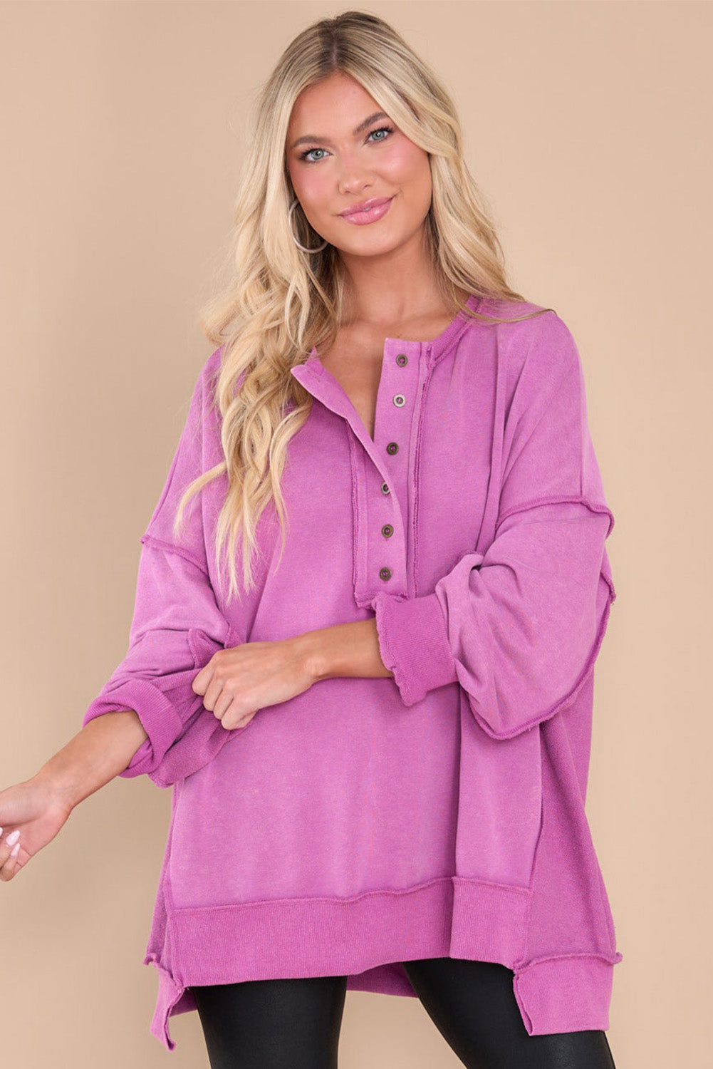 Purple Oversized Exposed Seam Henley Sweatshirt