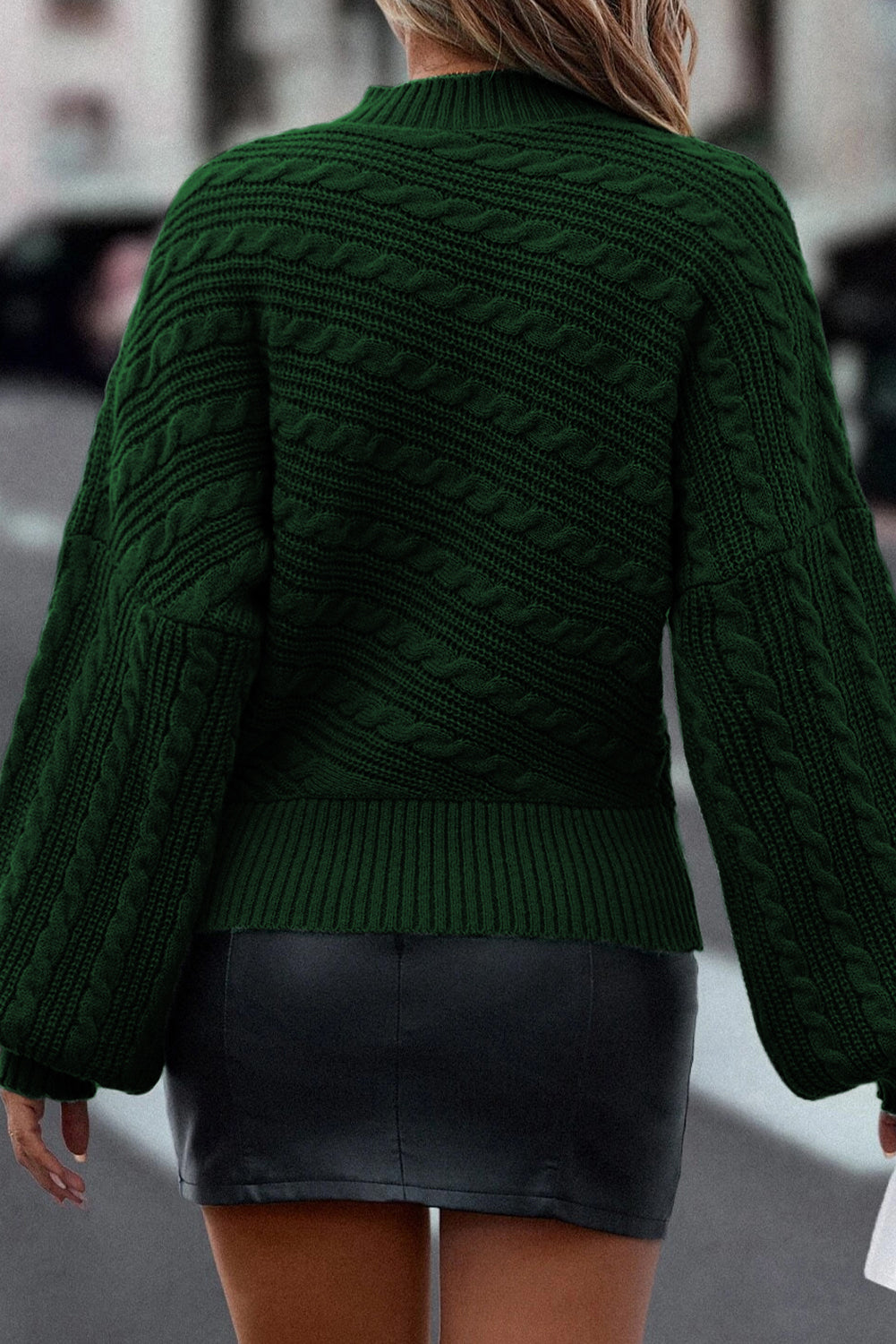 Blackish Green Mock Neck Lantern Sleeve Cable Knit Sweater