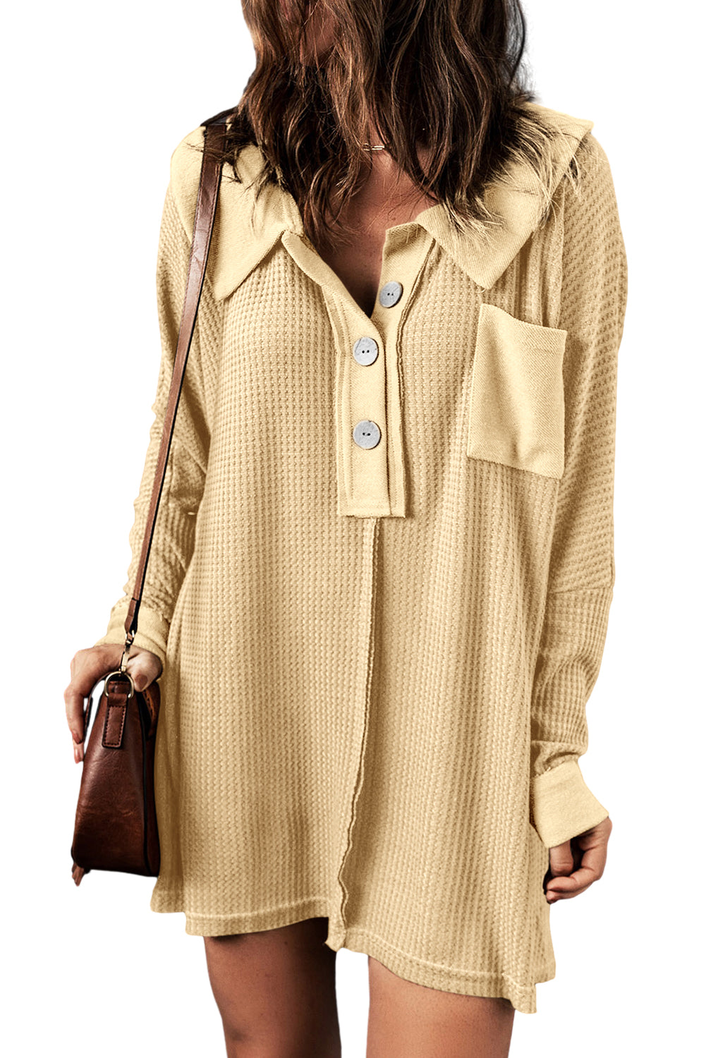 Apricot Waffle Knit Buttoned Long Sleeve Top