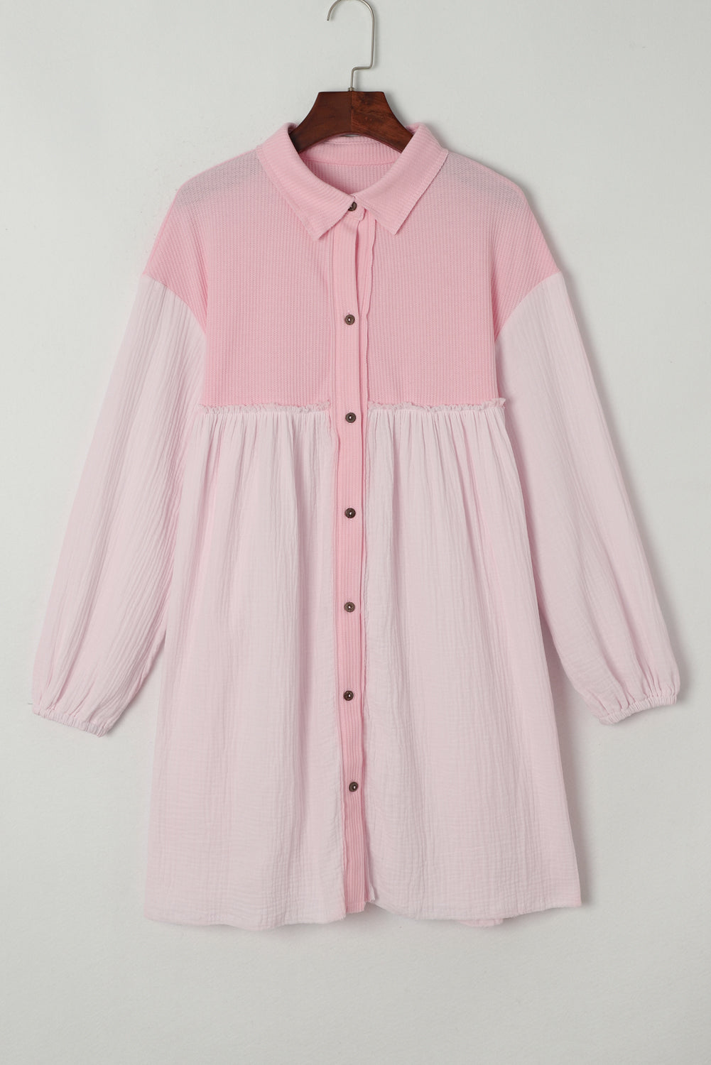Pink Patchwork Crinkle Puff Sleeve Shirt Dress