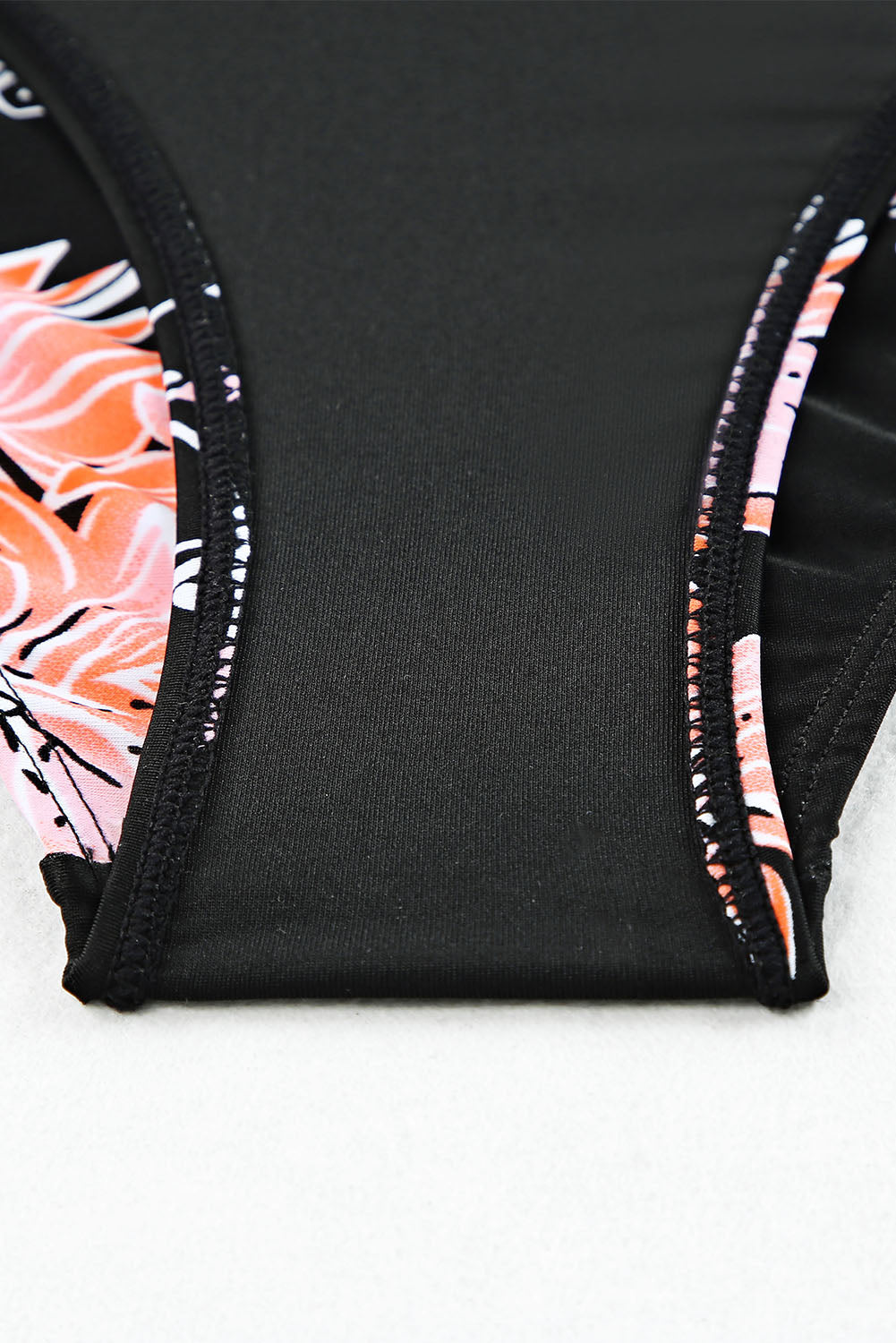 Black Ribbed Ruched Ruffle Top Printed Bikini Set