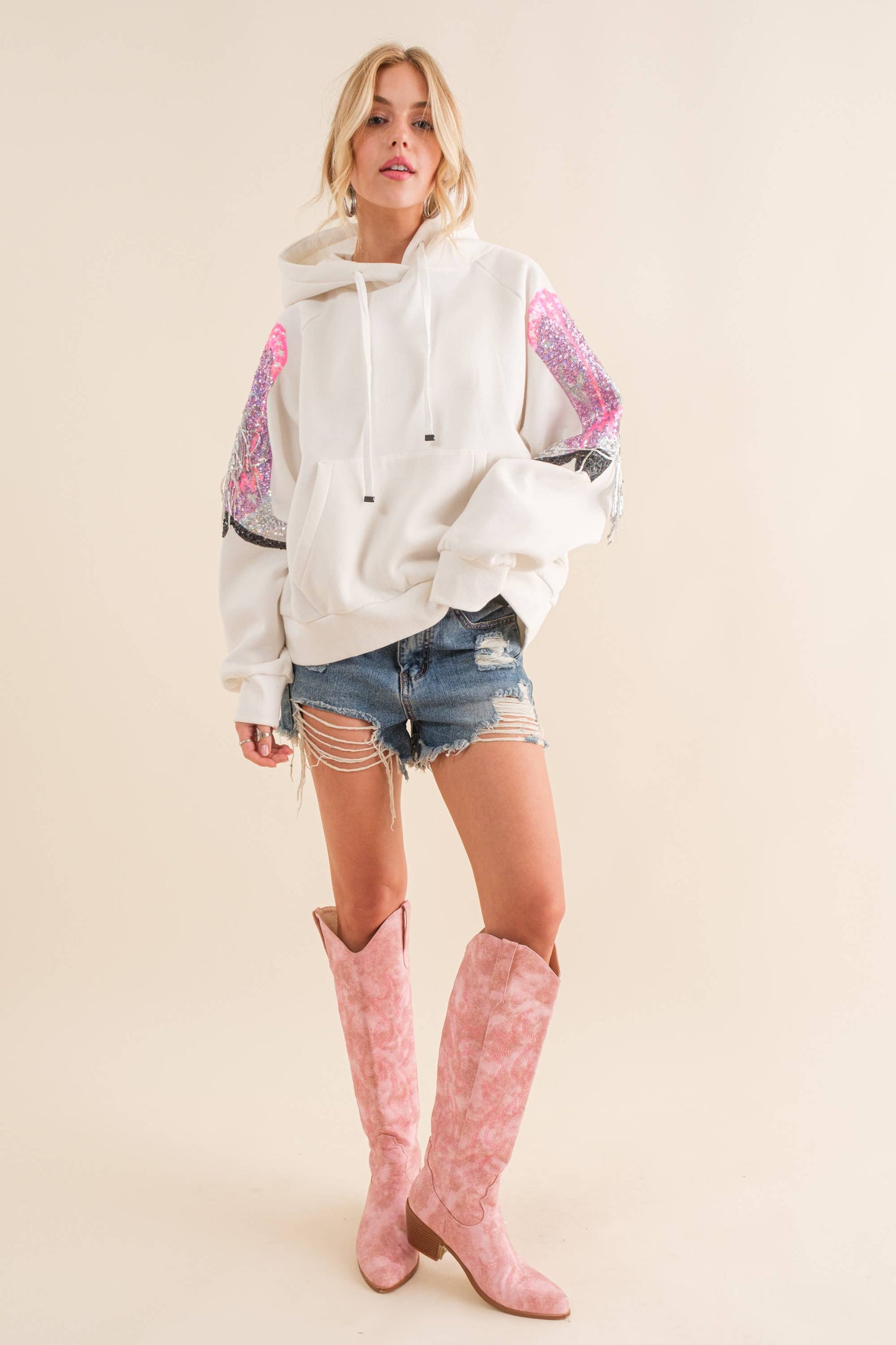 22676J - Fleece Terry Sequin Cowgirl Boots Hoodie: S / OFF WHITE