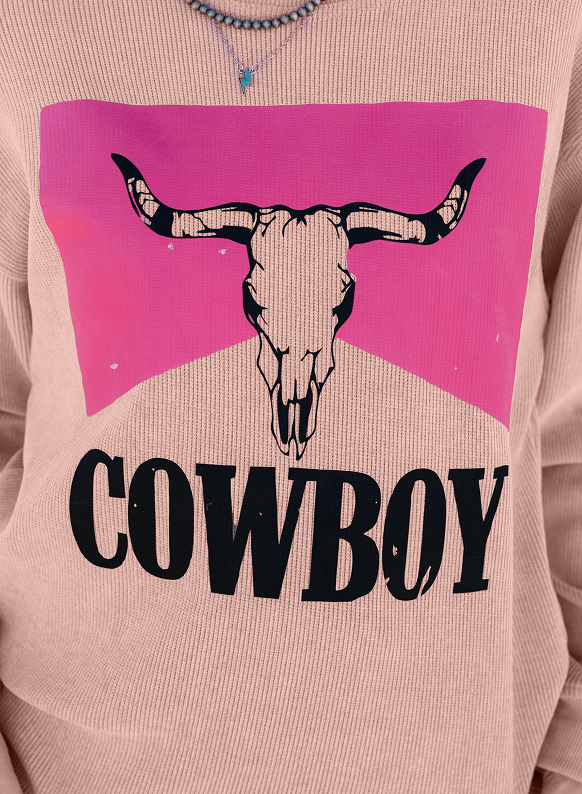 Pink Steer Head Cowboy Print Corded Pullover Sweatshirt