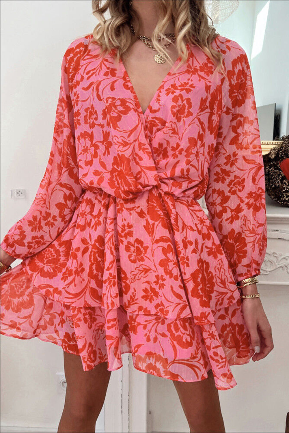 Fiery Red Floral Ruffle Layered Puff Sleeve Surplice Dress