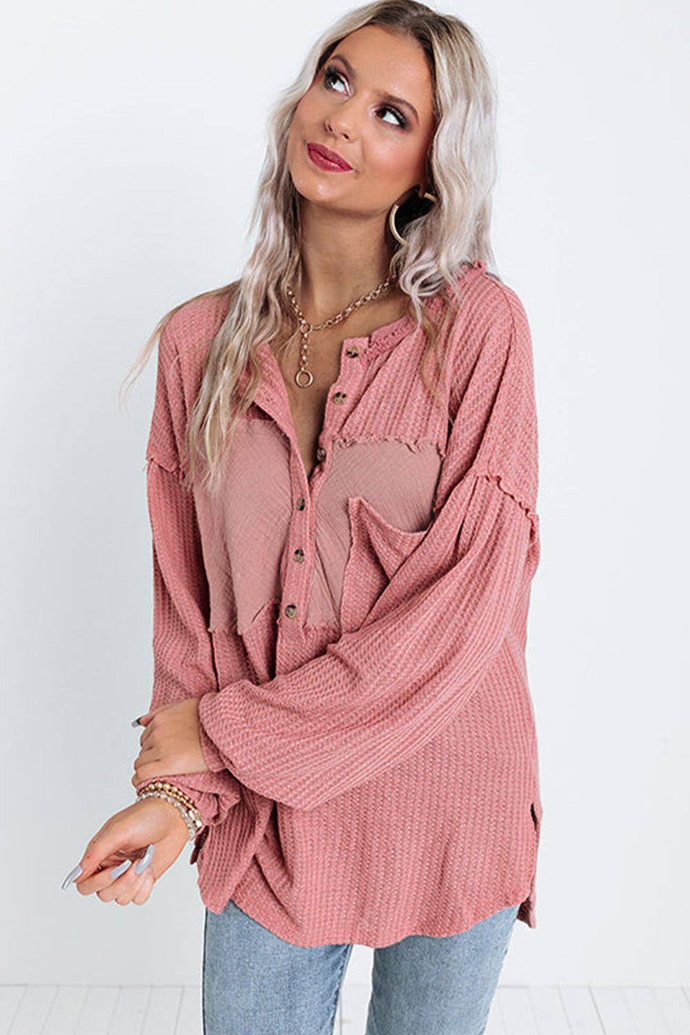 Pink Frayed Patchwork Waffle Knit Top