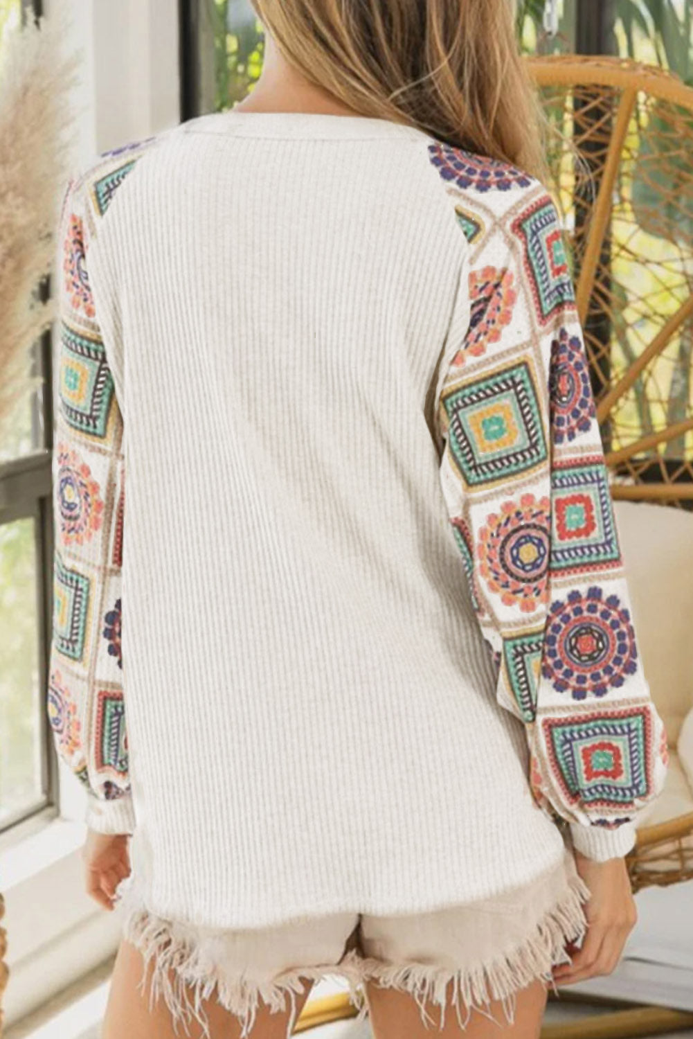 Multicolor Aztec Print Raglan Sleeve Henley Sweatshirt
