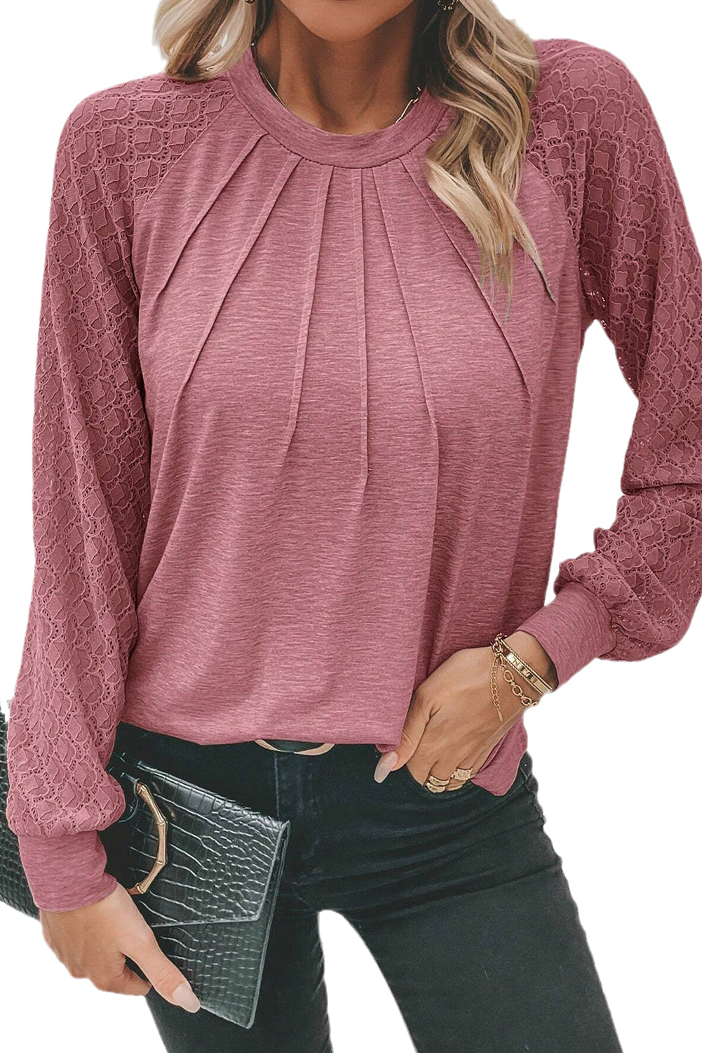 Rose Pink Contrast Lace Raglan Sleeve Plicate Round Neck Top