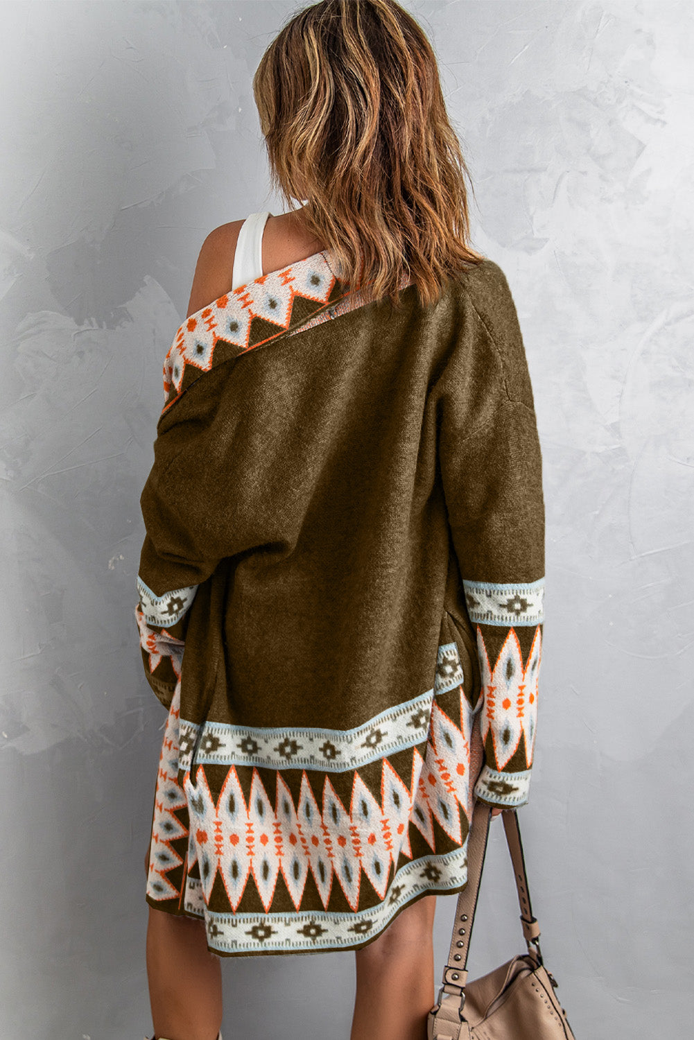 Brown Aztec Print Open Front Knitted Cardigan