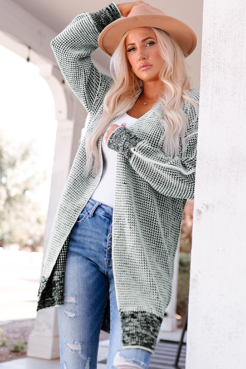 Gray Plaid Knitted Long Open Front Cardigan