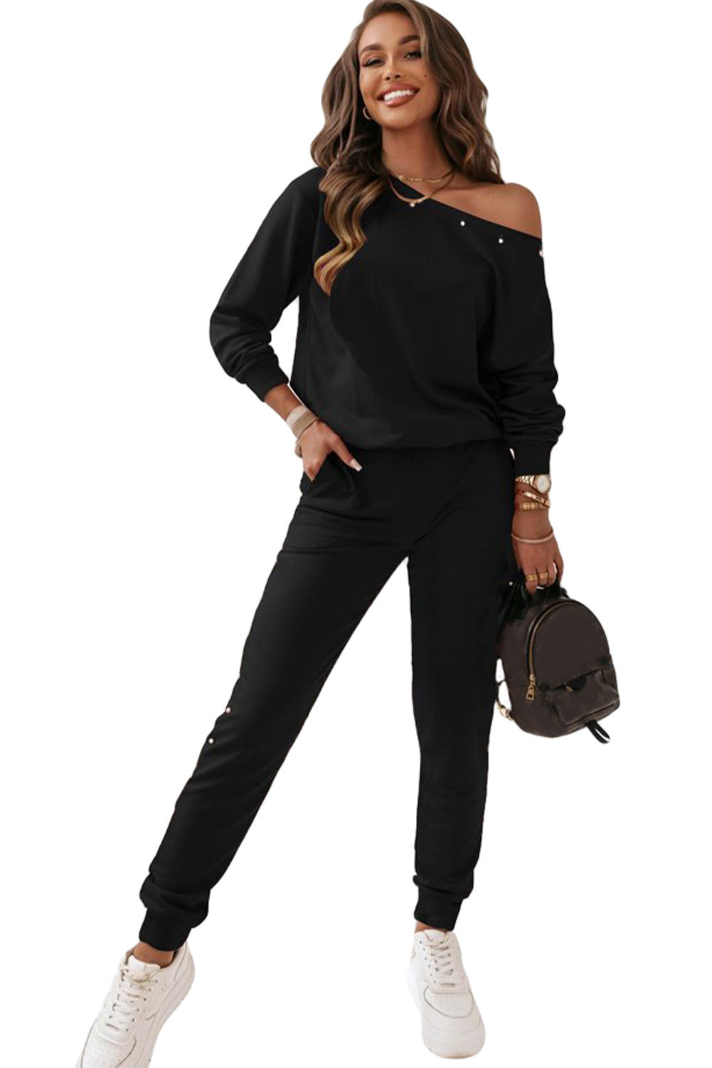 Black Beaded Decor Pullover and Jogger Pants Set