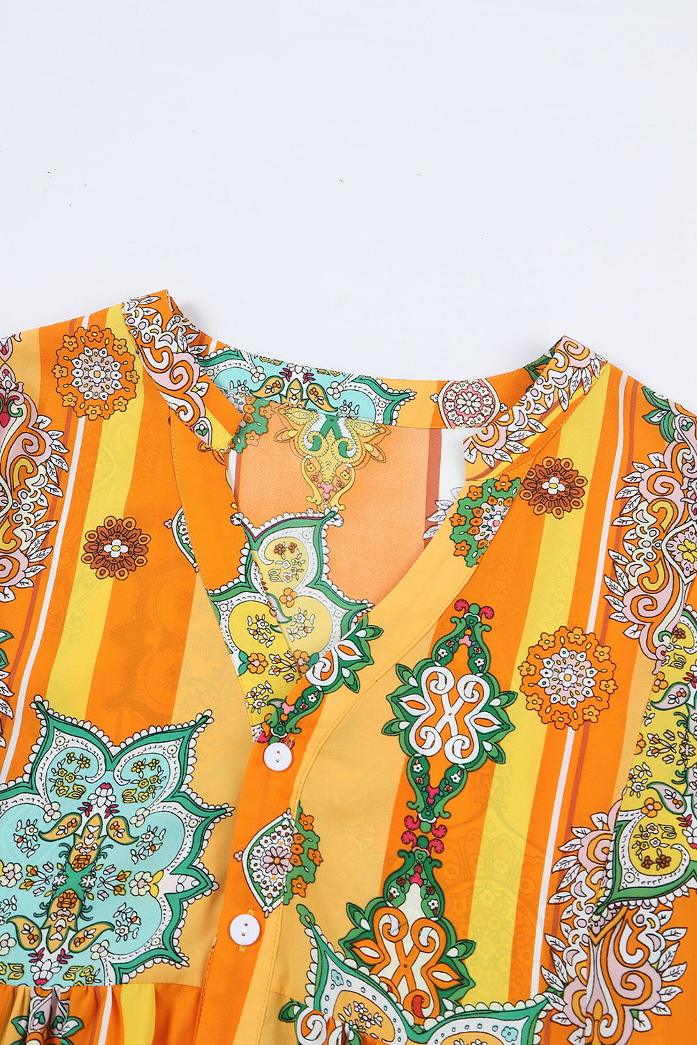 Orange Boho Geometric Print Buttoned V Neck Mini Dress