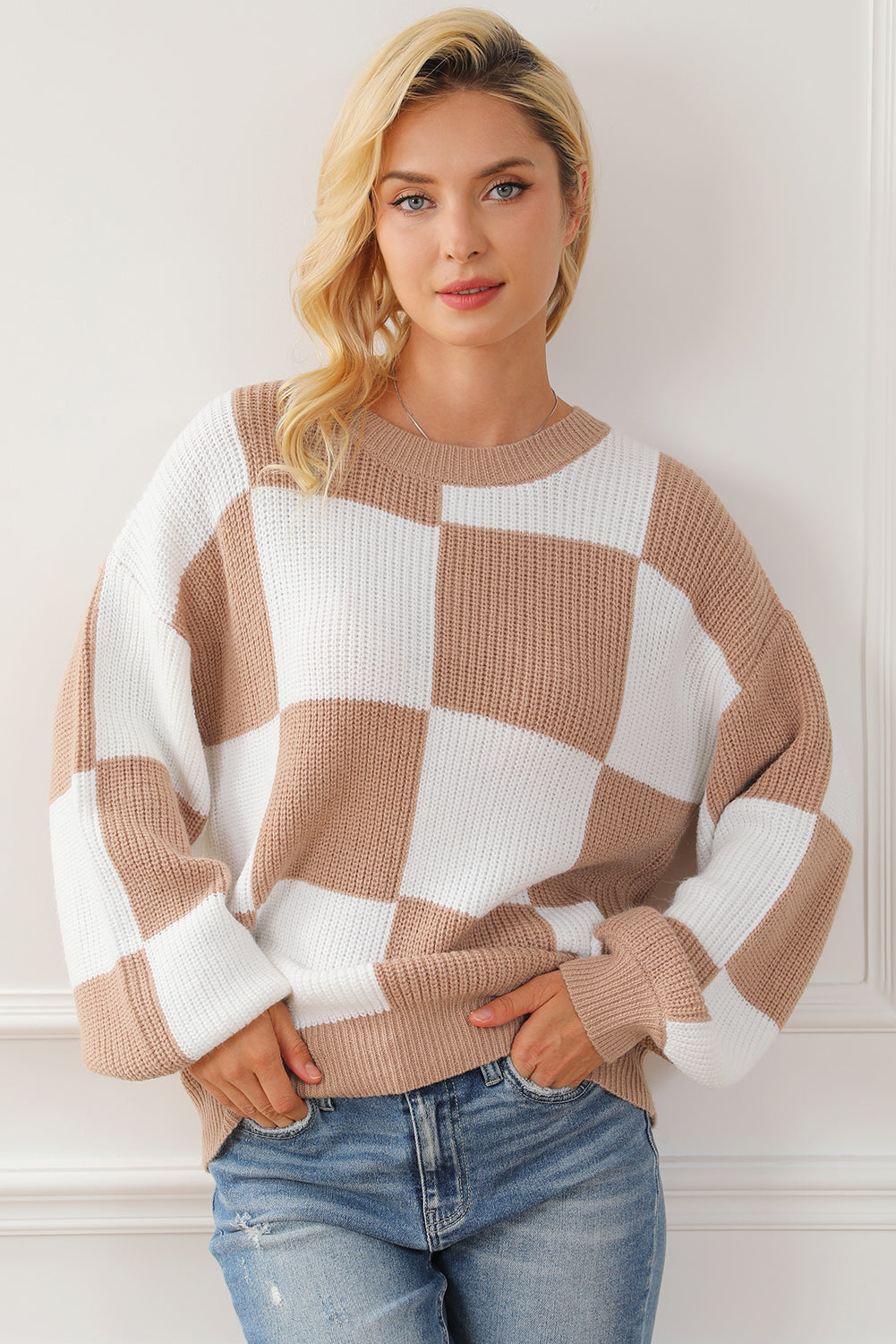 Checkered Ribbed Knit Puff Sleeve Sweater