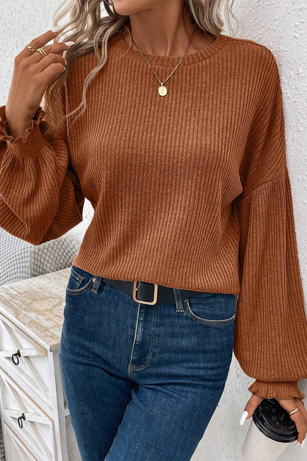 Chestnut Ribbed Knit Drop Shoulder Ruffled Sleeve Textured Top