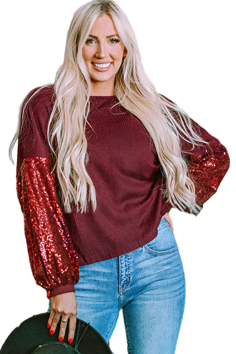 Burgundy Sequin Patchwork Sleeve Open Back Waffle Knit Top