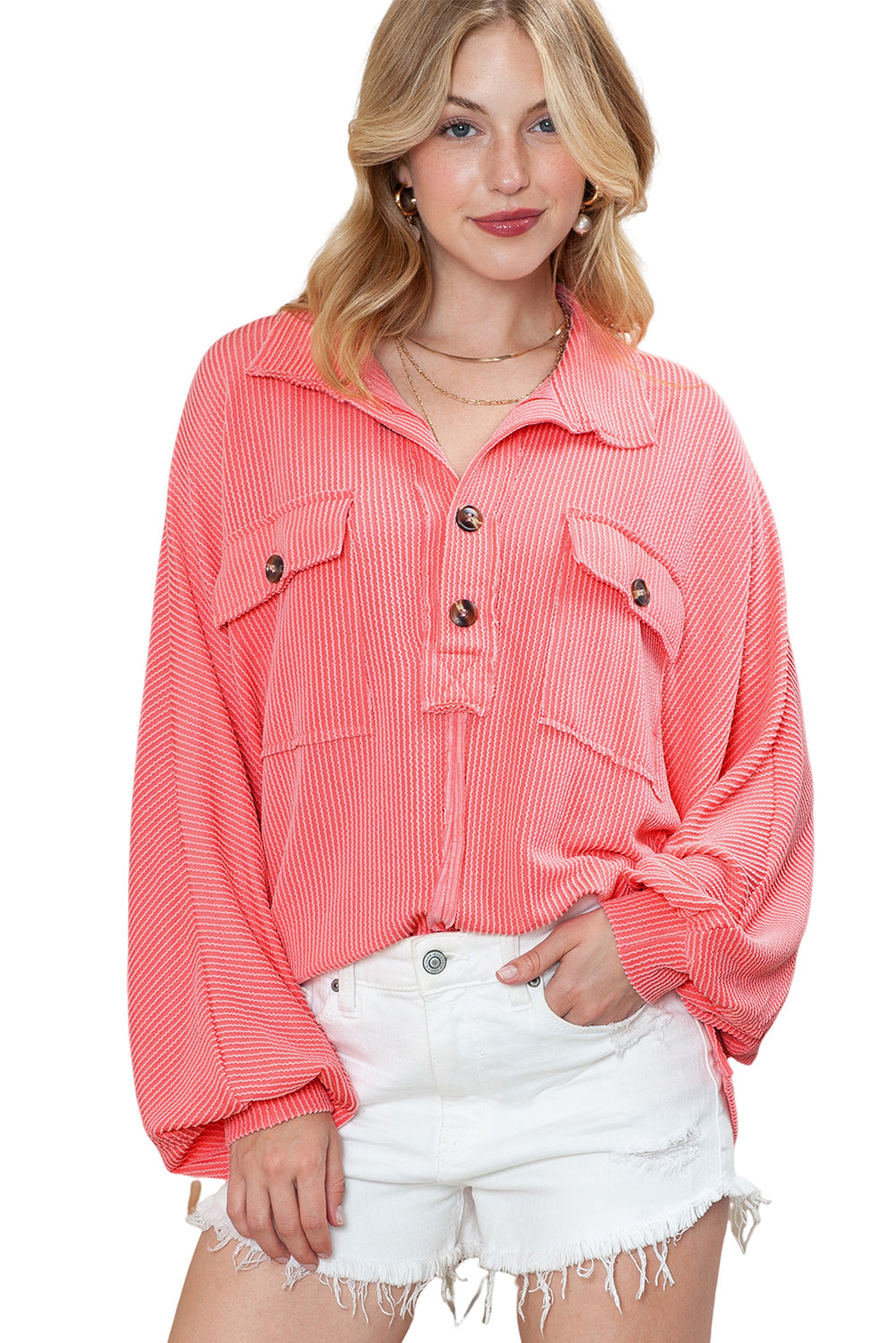 Pink Corded Flap Pocket Henley Top