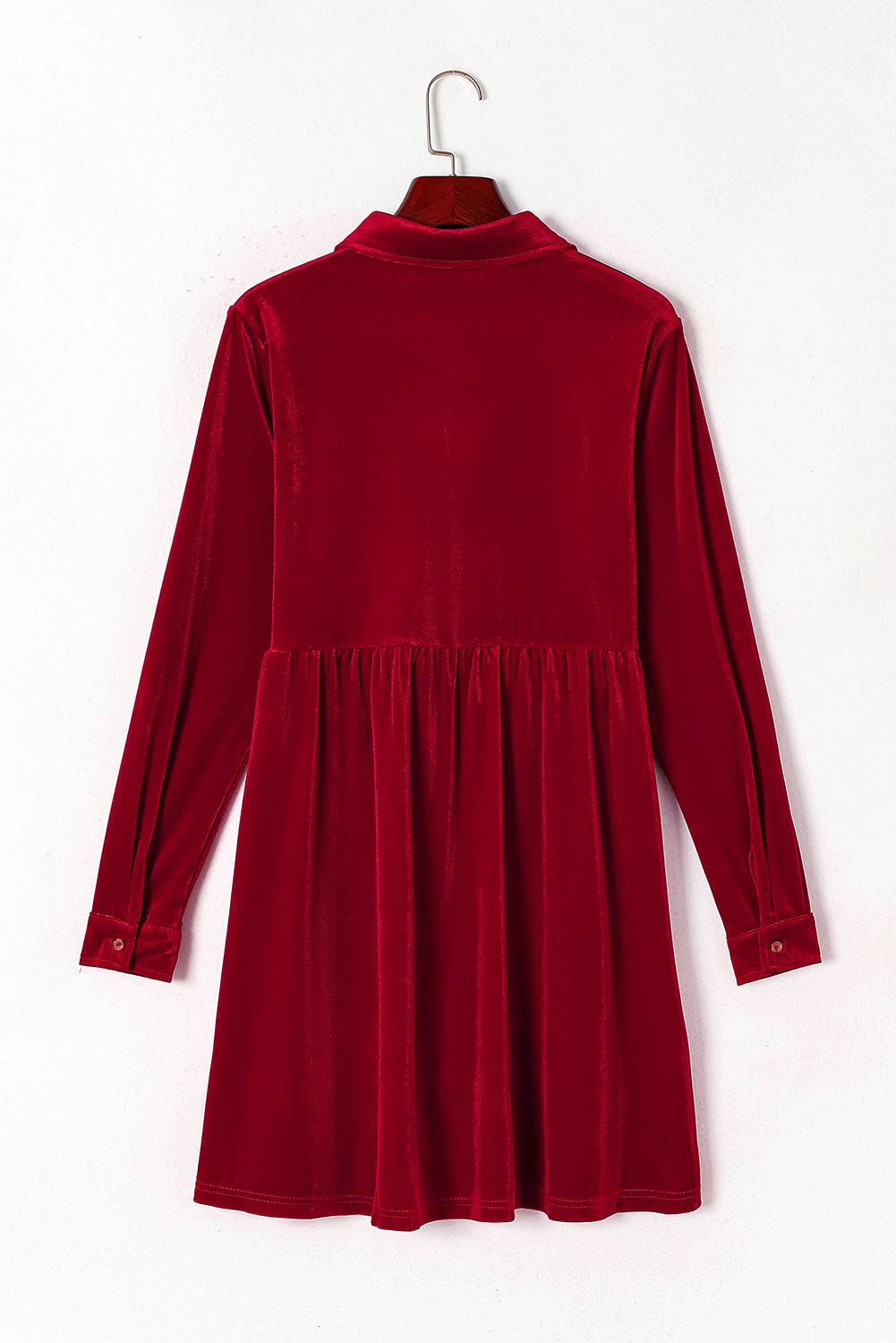 Fiery Red Long Sleeve Ruffle Velvet Button Up Dress