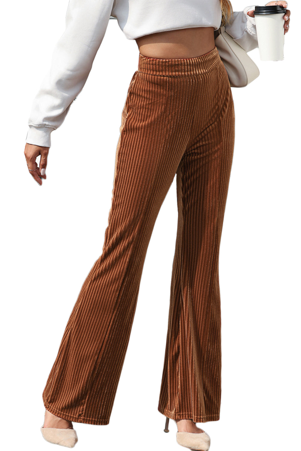 Chestnut Solid Color High Waist Flare Corduroy Pants