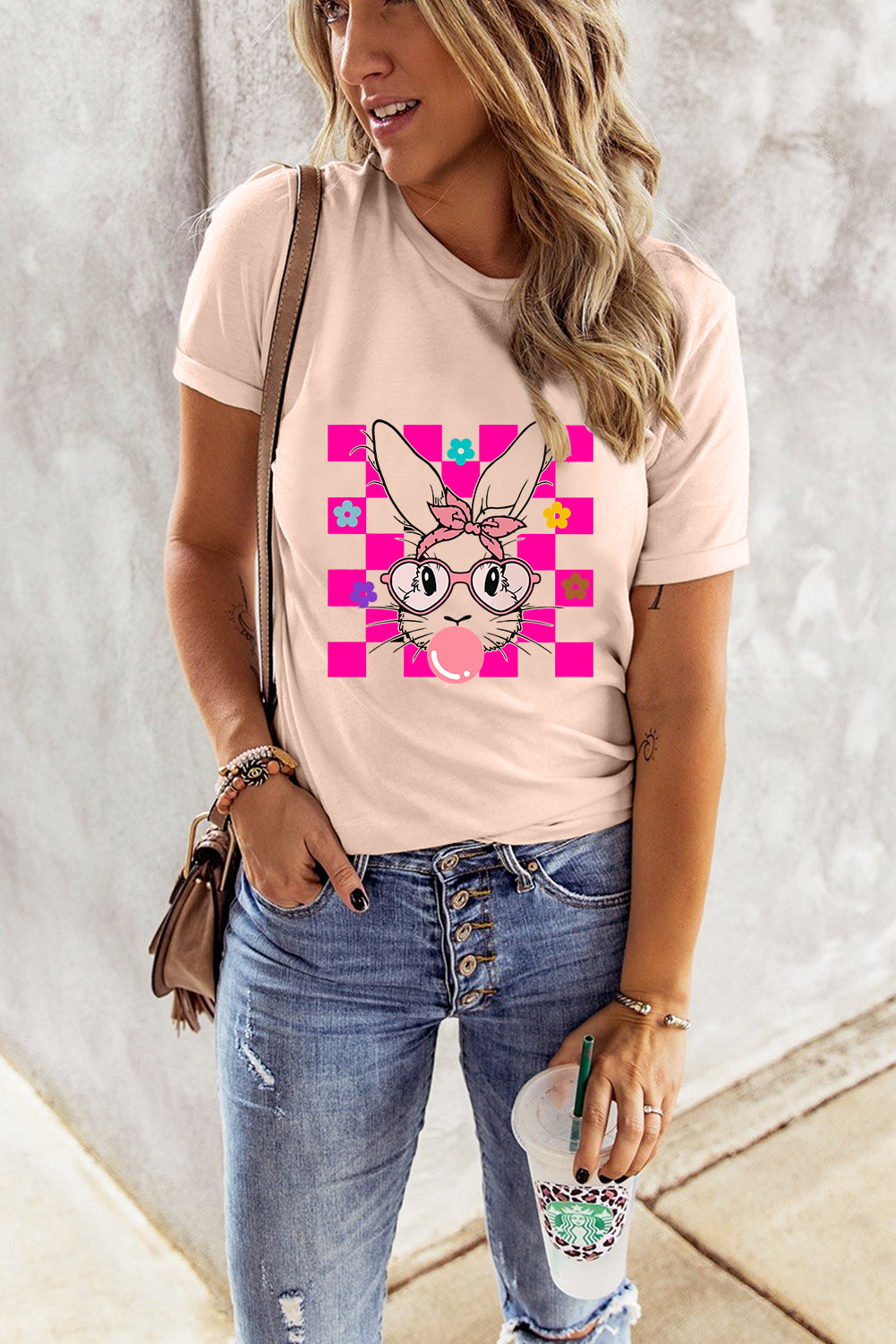 Pink Easter Rabbit Checkered Flower Print O-neck T Shirt