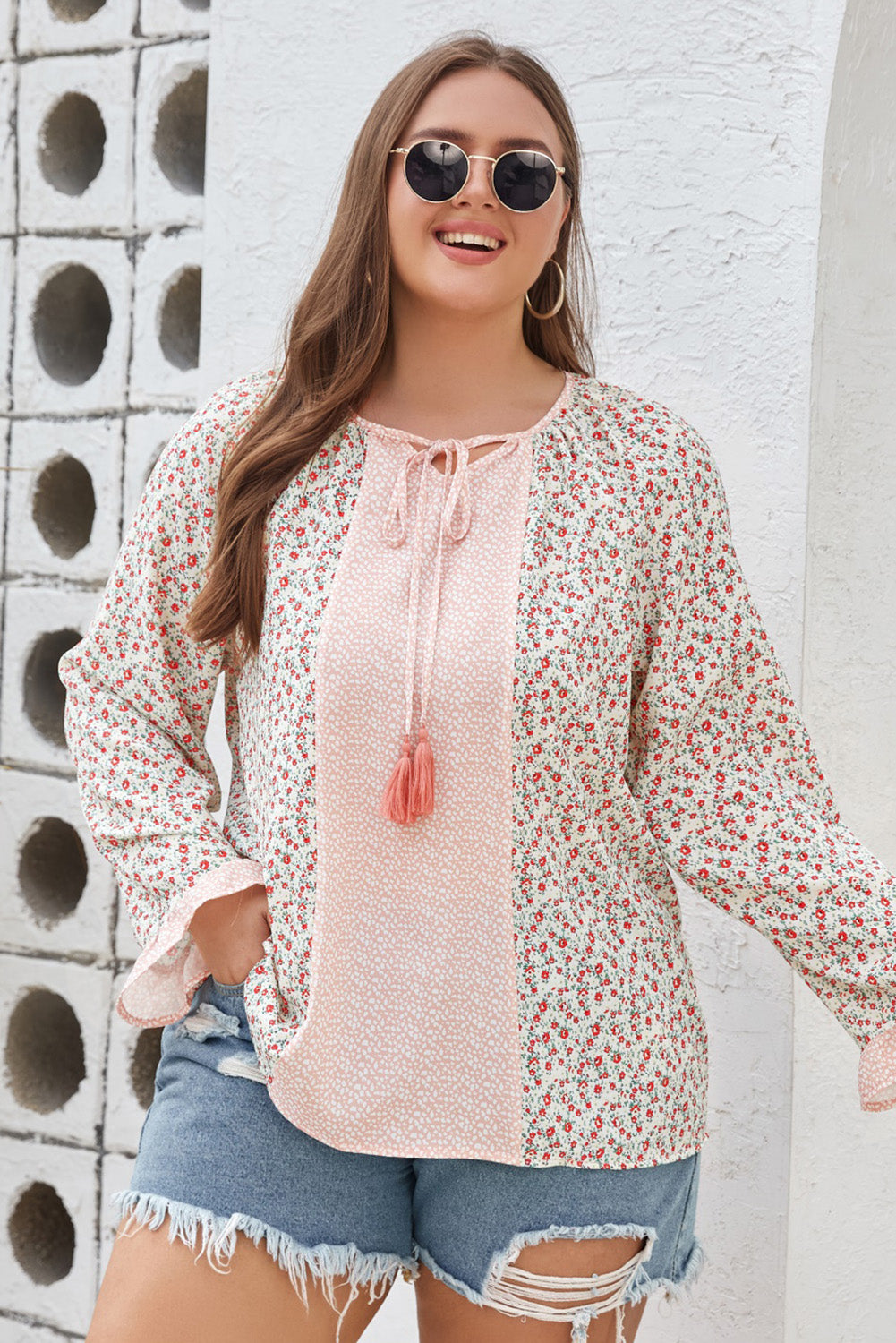 Pink Dotty Floral Patchwork Plus Size Long Sleeve Blouse