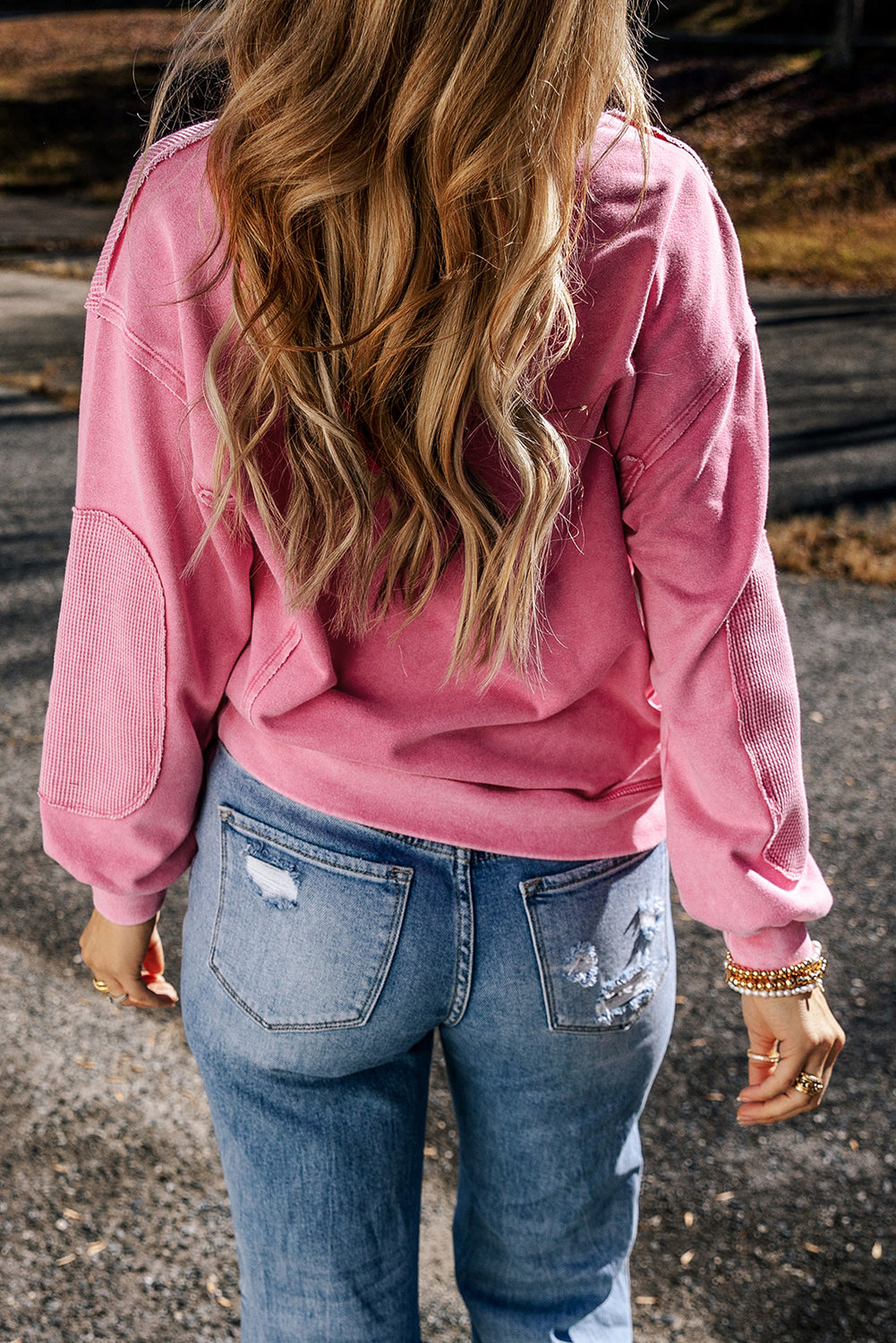Pink Exposed Seam Waffle Knit Patchwork Sweatshirt