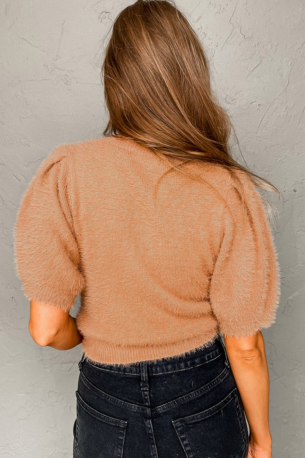 Light French Beige Fuzzy Short Sleeve Sweater