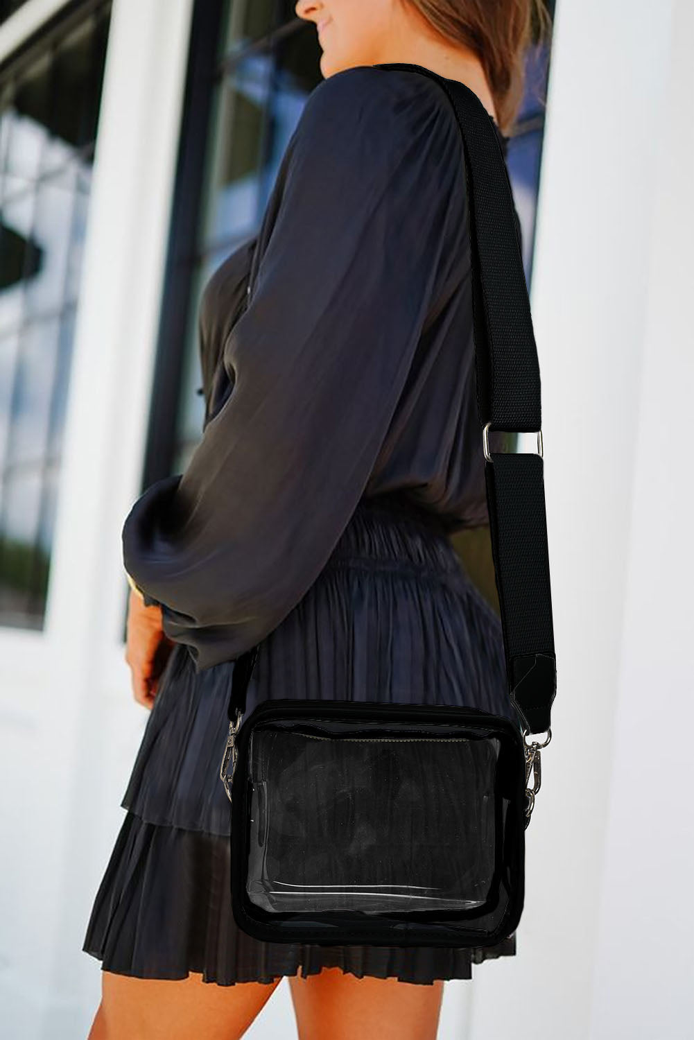 Black Clear PVC Leather Strap Crossbody Bag