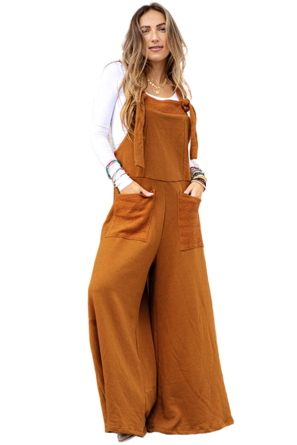 Brown Knotted Straps Patch Pocket Wide Leg Jumpsuit