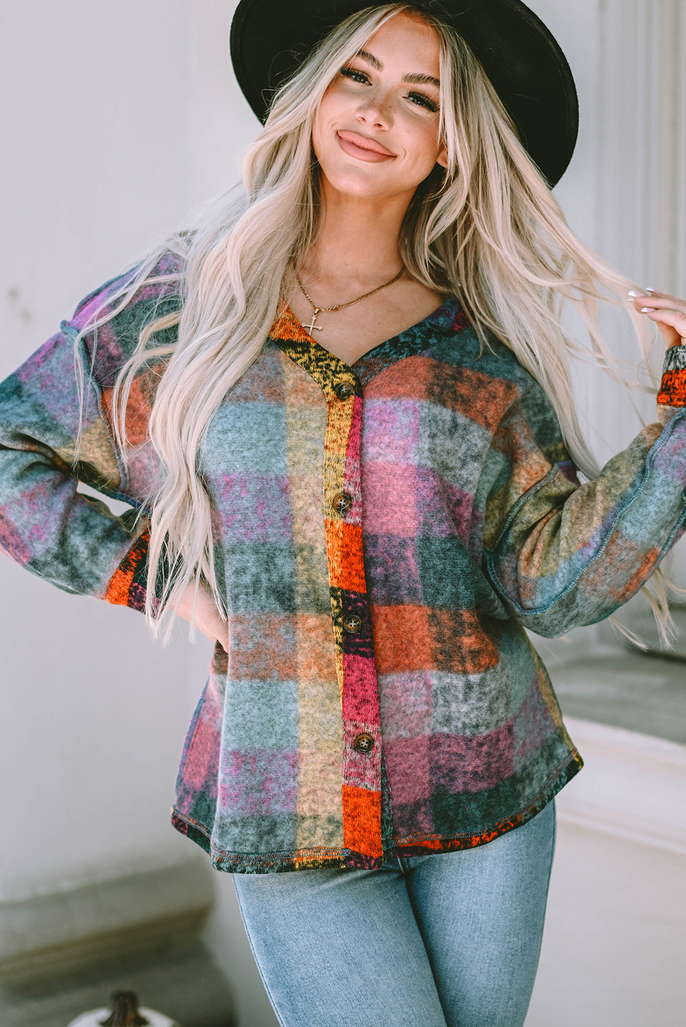 Multicolor Brushed Checked Western Buttoned Jacket