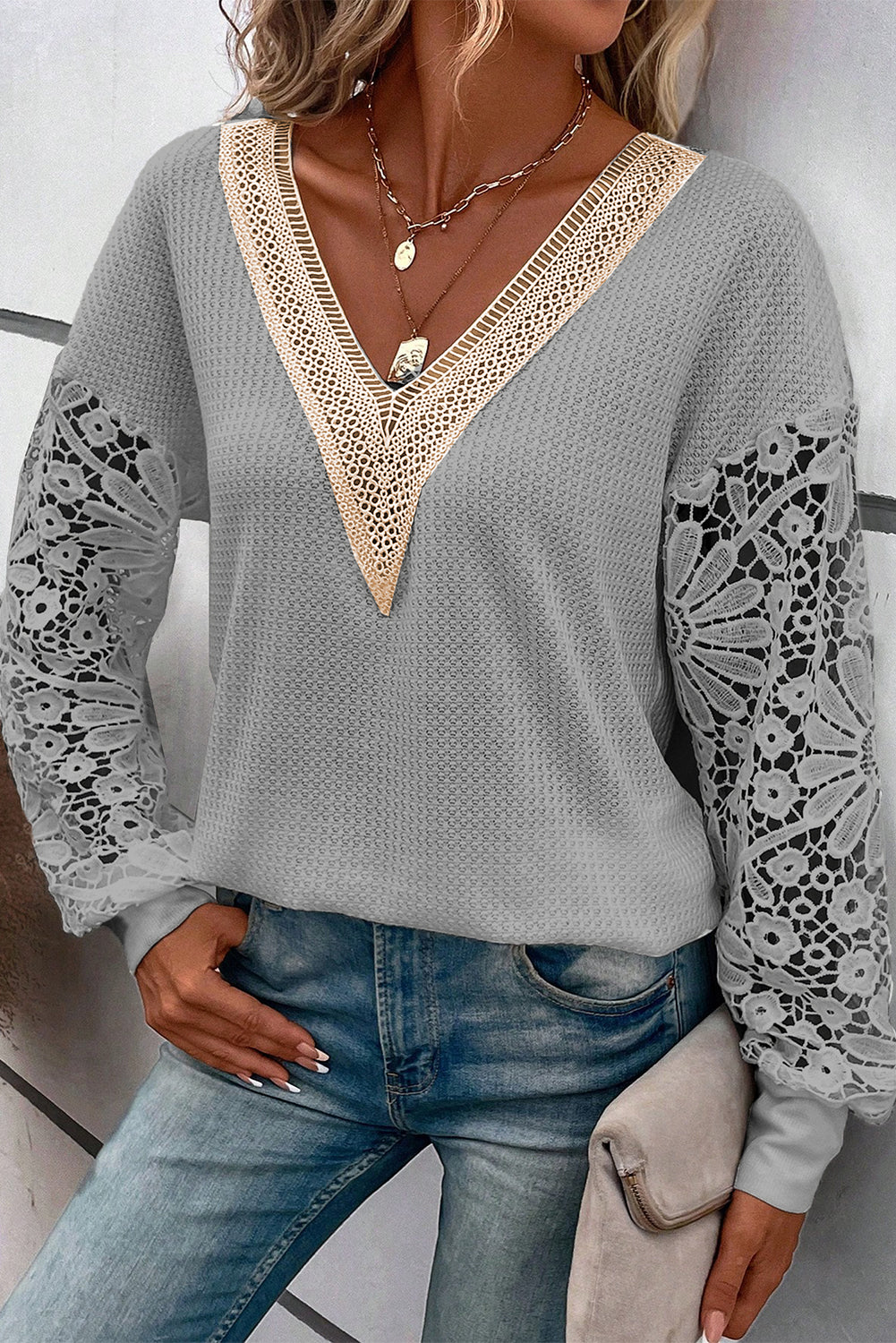 Gray Lace Splicing V Neck Puff Sleeve Top