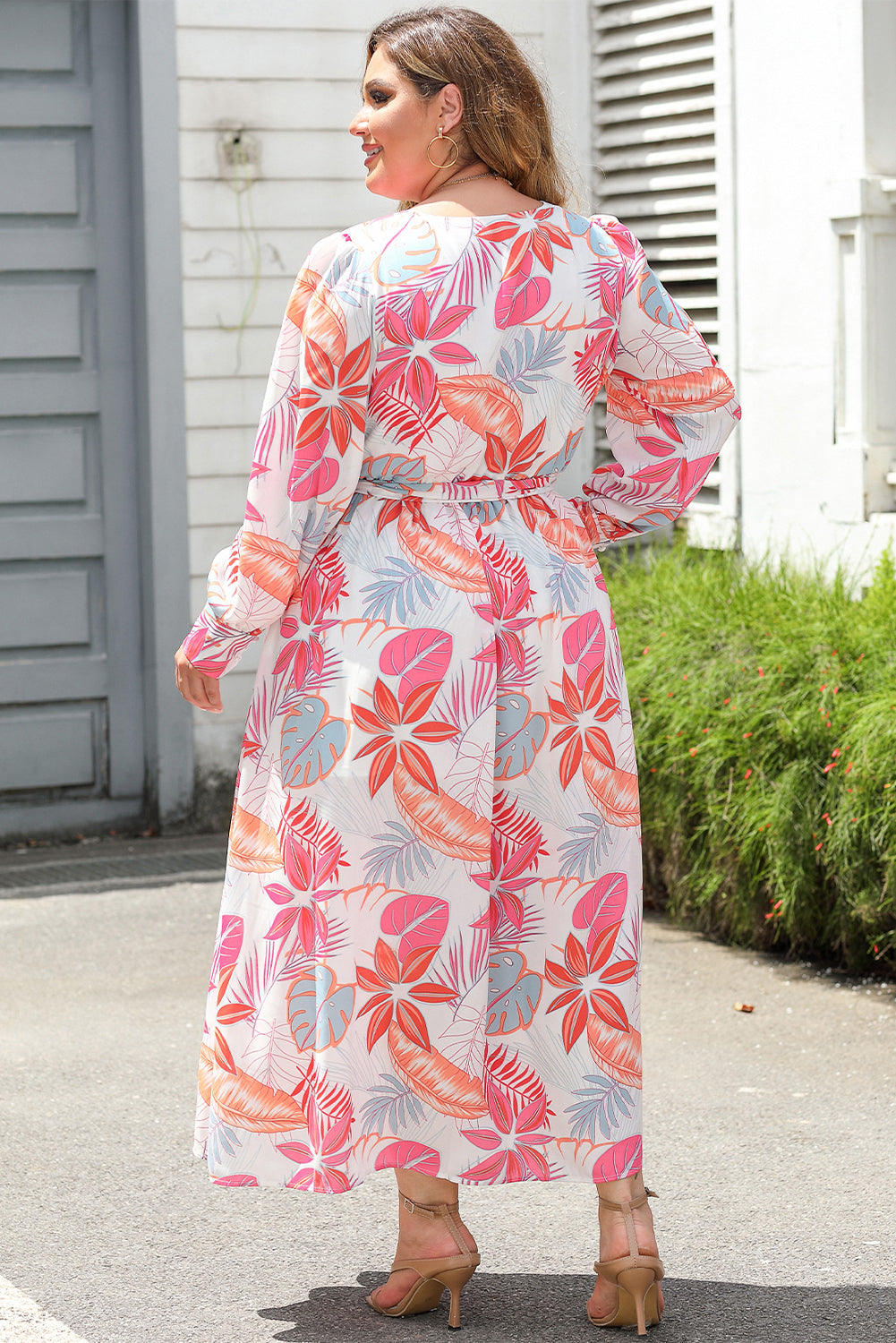 Multicolor Tropical Palm Print Tie High Waist Plus Size Maxi Dress