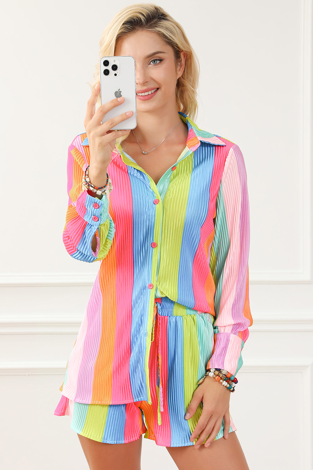 Multicolor Rainbow Stripe Crinckle Shirt and Shorts Outfit
