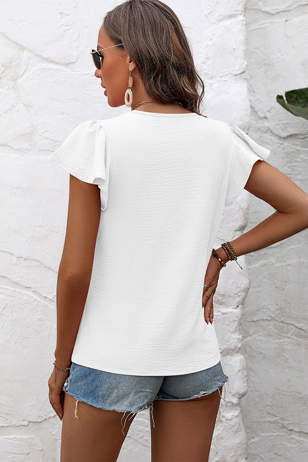 White Solid Color Textured Pleated Flutter Sleeve Blouse