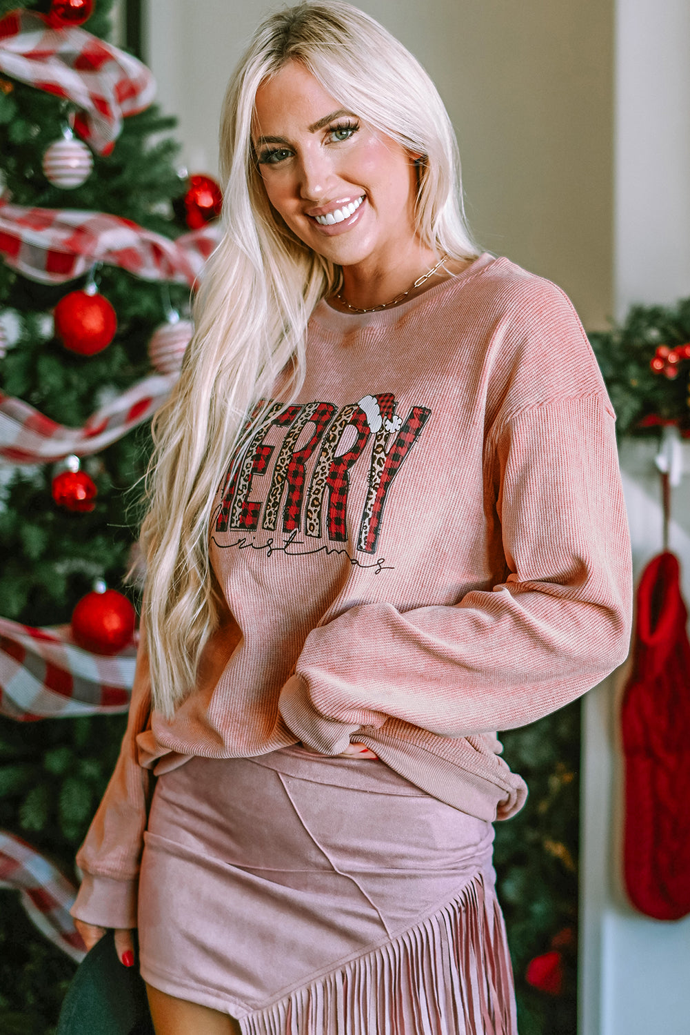 Pink MERRY Christmas Plaid Leopard Print Corded Sweatshirt