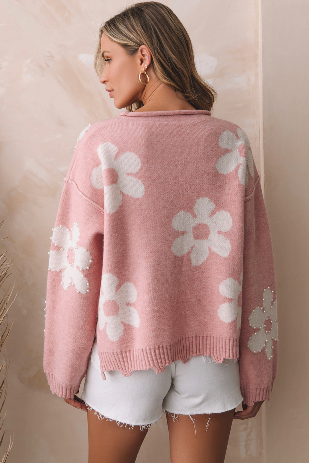 Multicolour Pearl Beaded Floral Drop Shoulder Sweater
