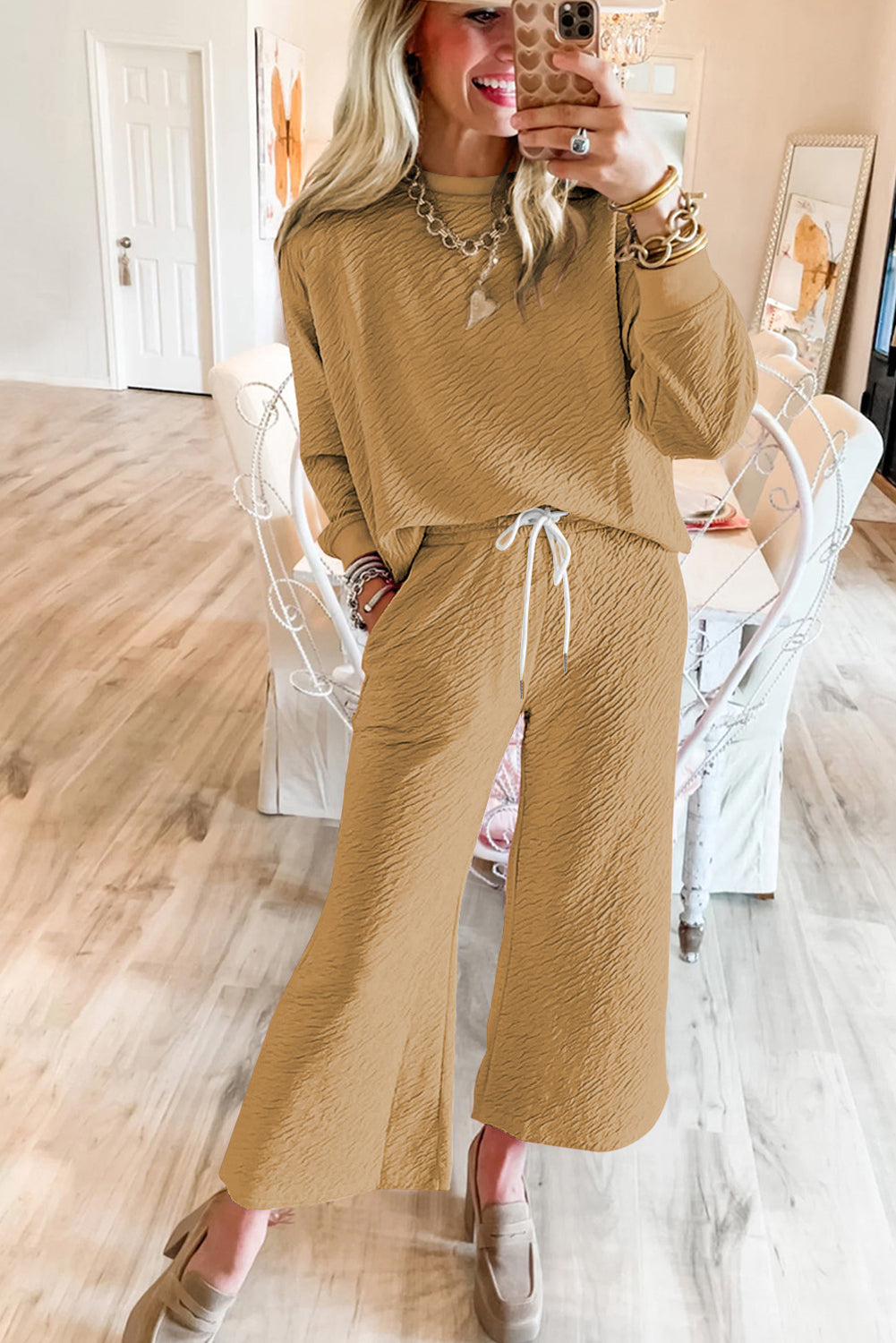 Light French Beige Textured Long Sleeve Top Drawstring Pants Set