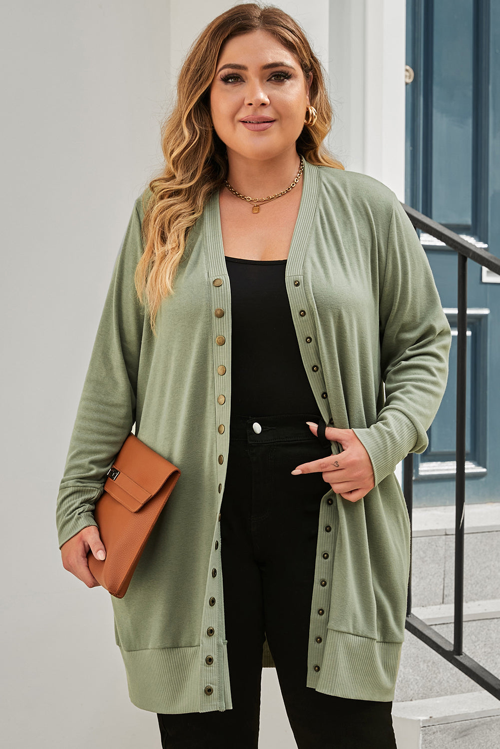 Green Plus Size Snap Buttons Front Knit Cardigan