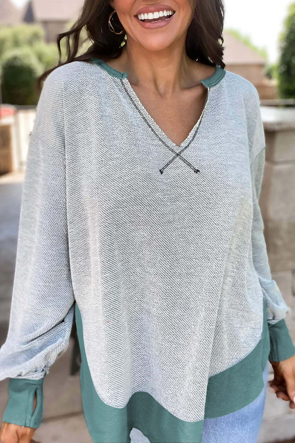 Laurel Green Exposed Seam Contrast Edge Notched Neck Sweatshirt