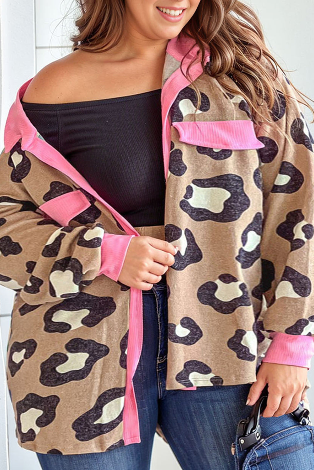 Leopard Contrast Trim Fake Flap Pocket Plus Size Jacket