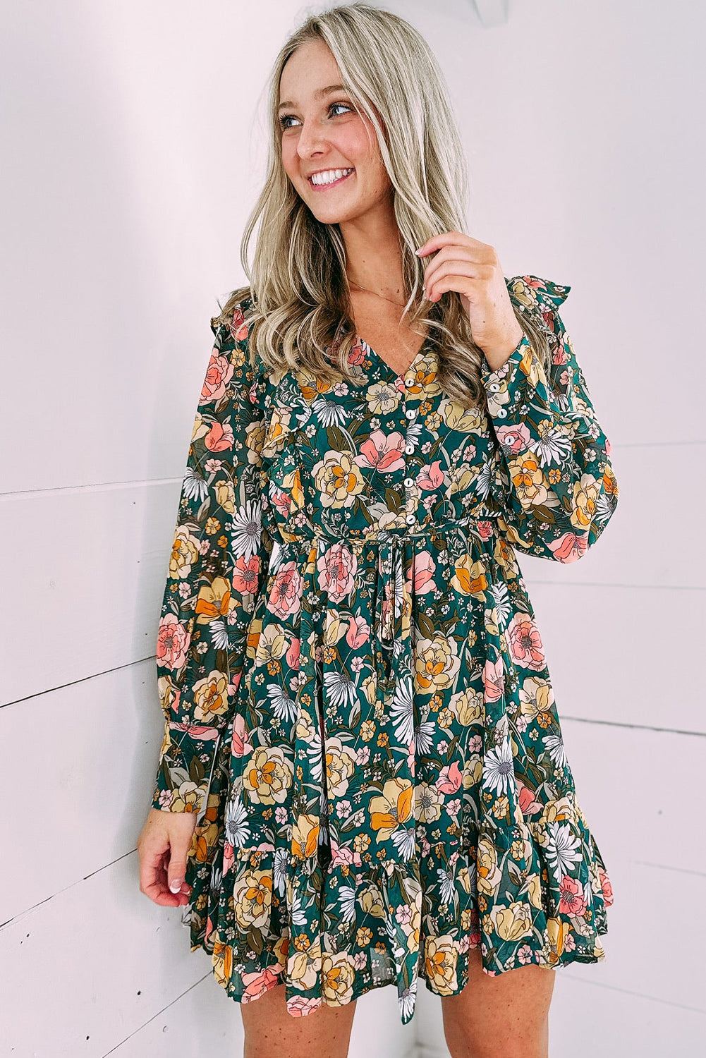 Green Buttoned Bodice Ruffled Floral Dress