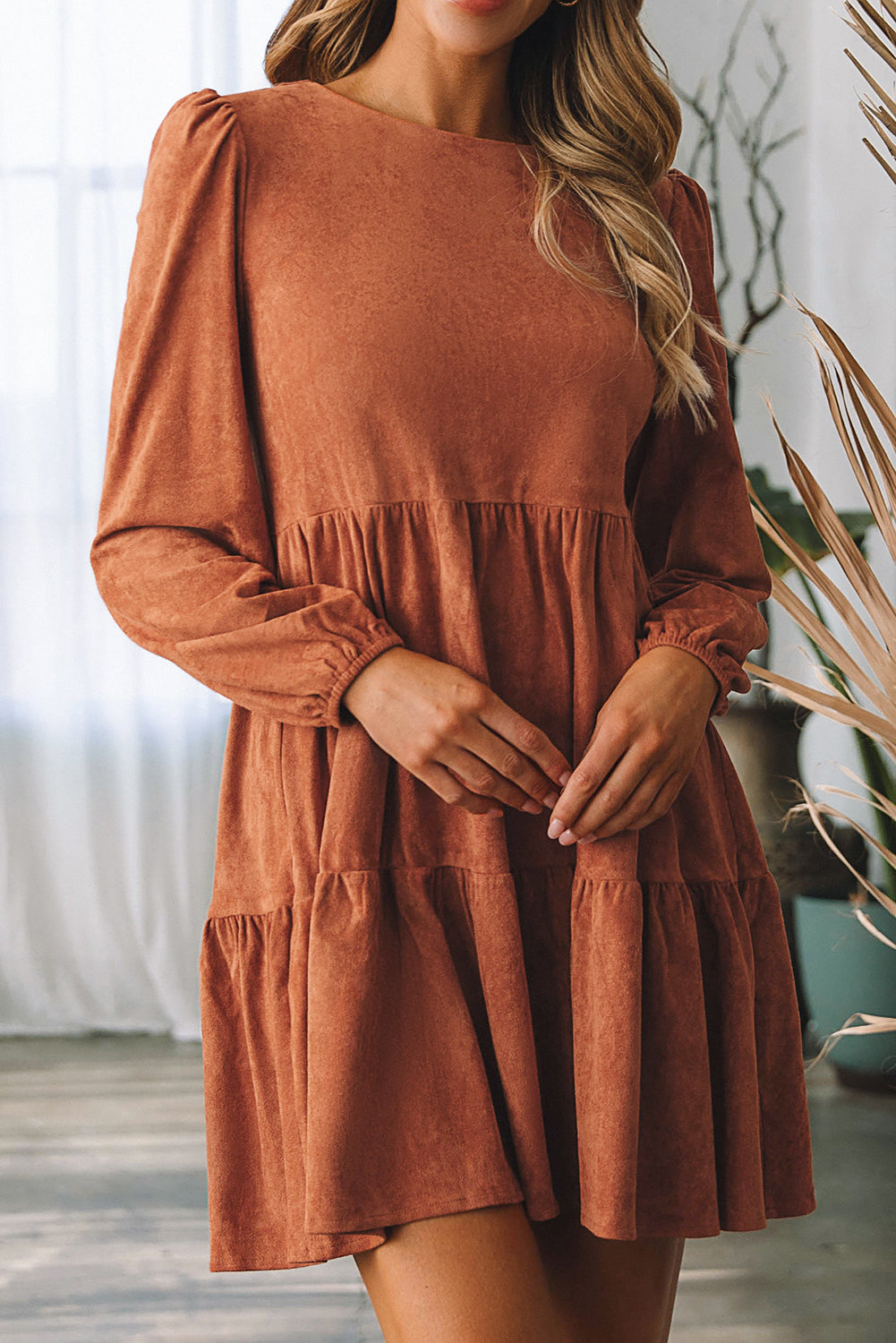 Chestnut Faux Suede Tiered Babydoll Dress