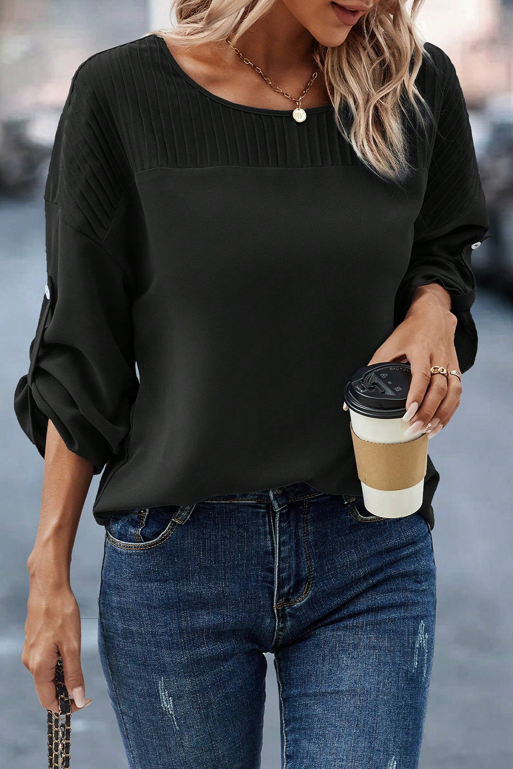 Black Roll Up Sleeve Stitching Detail Blouse