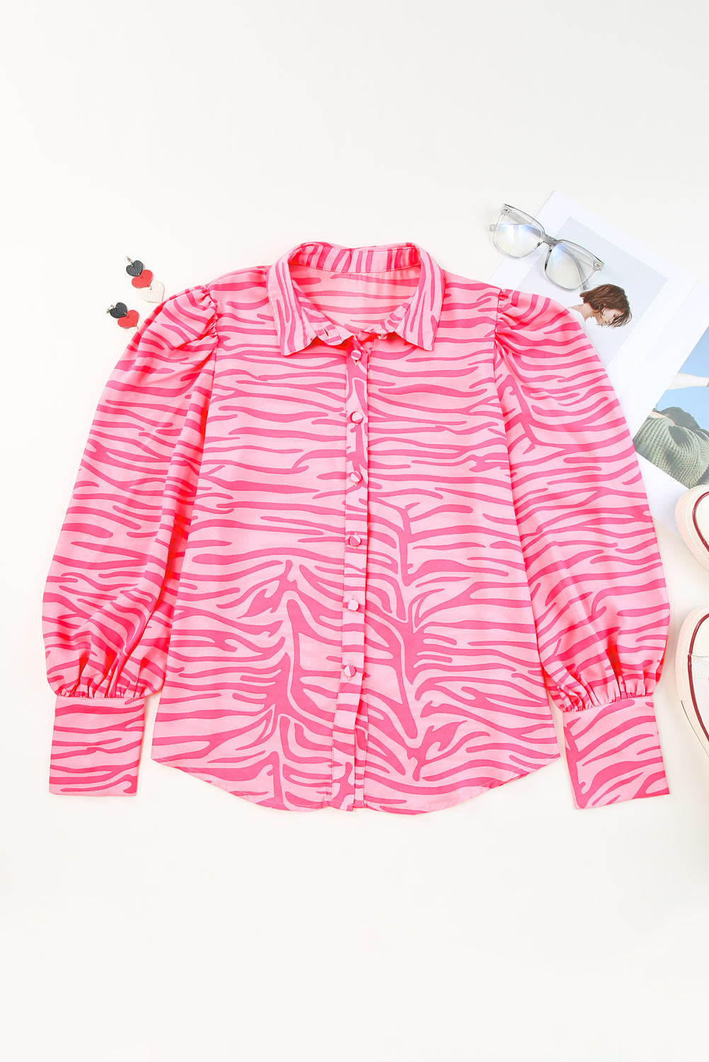 Pink Zebra Stripes Print Lantern Sleeve Shirt