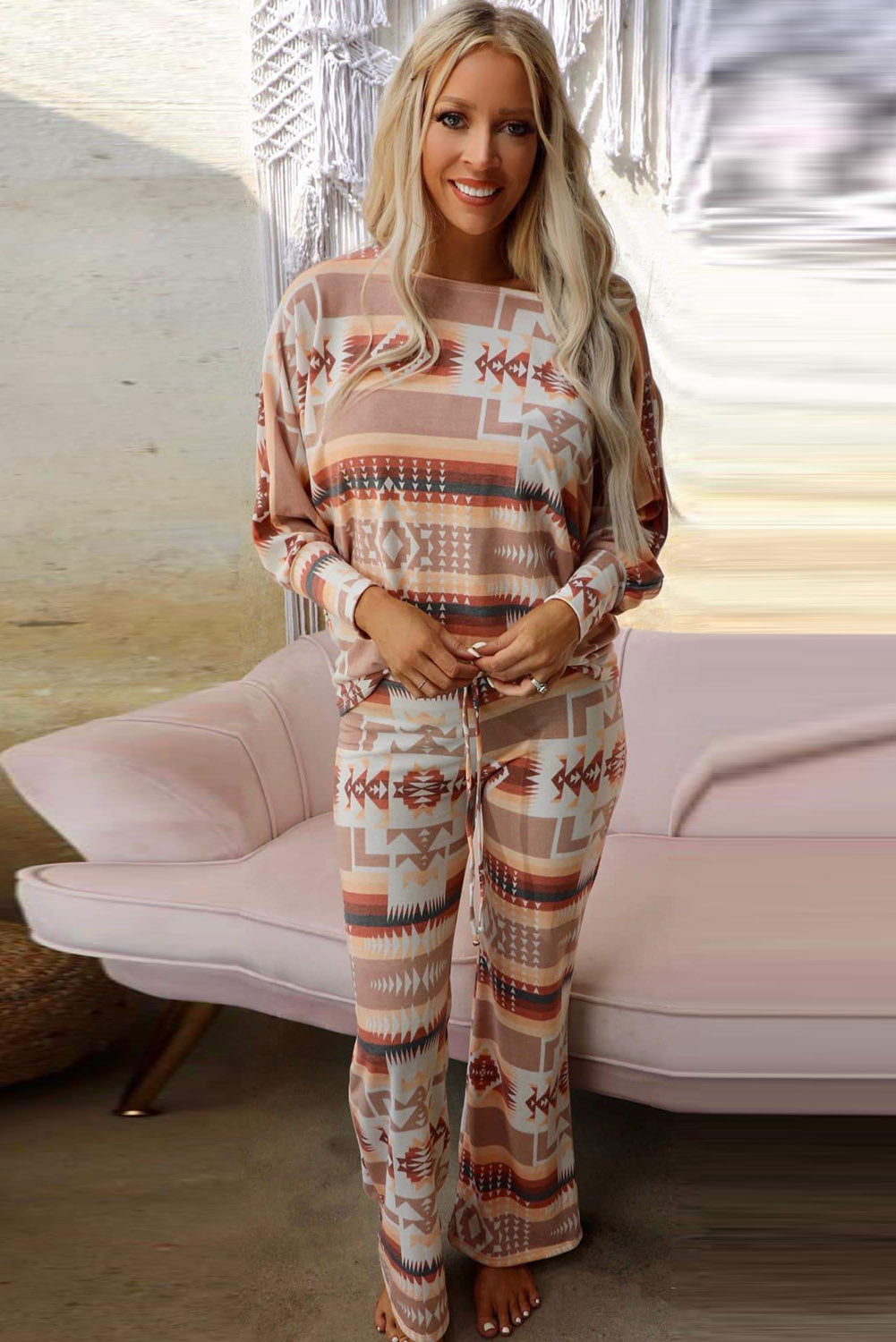 Multicolour Aztec Print Puff Sleeve Pullover and Pants Lounge Outfit