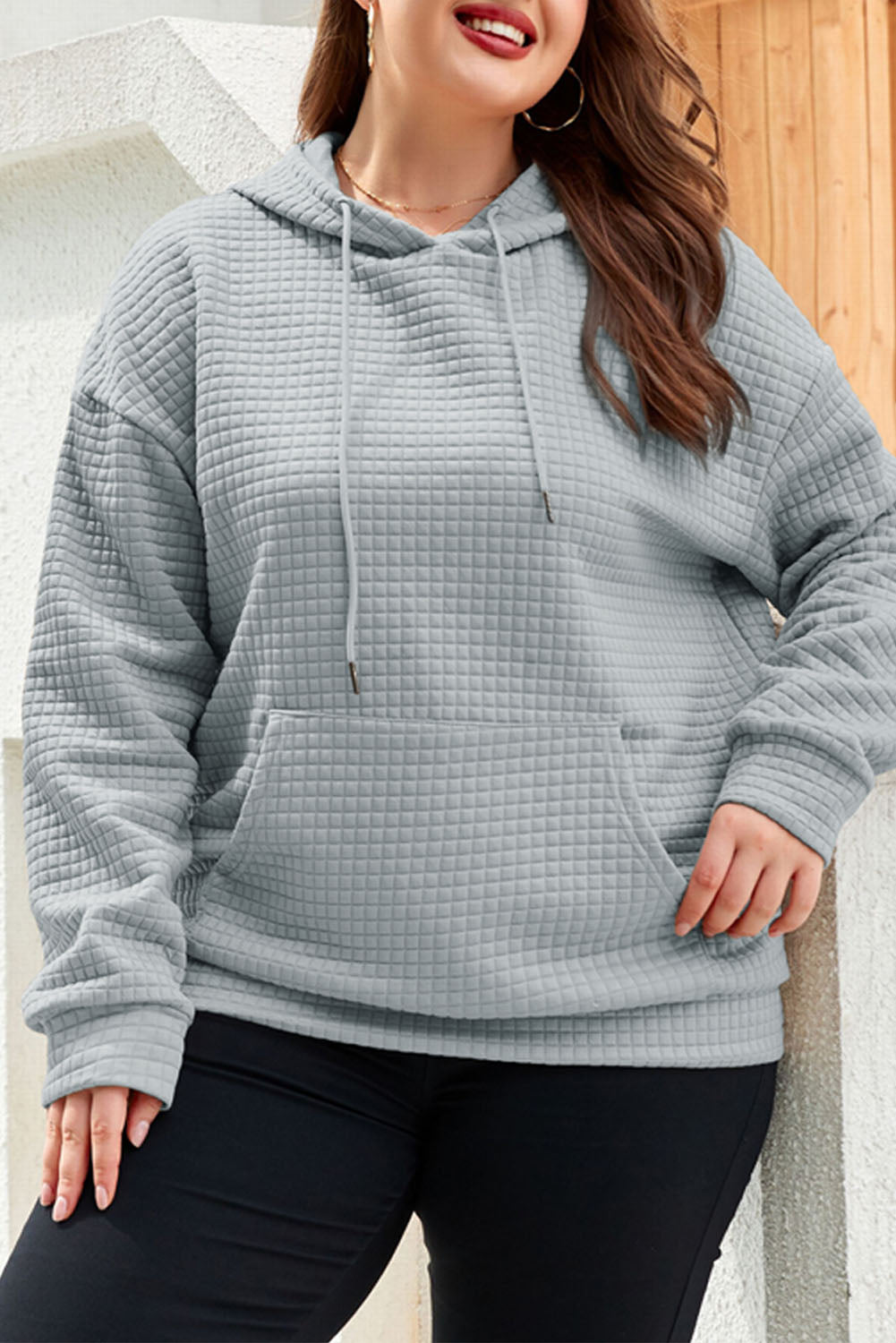 Gray Kangaroo Pockets Quilted Plus Size Hoodie