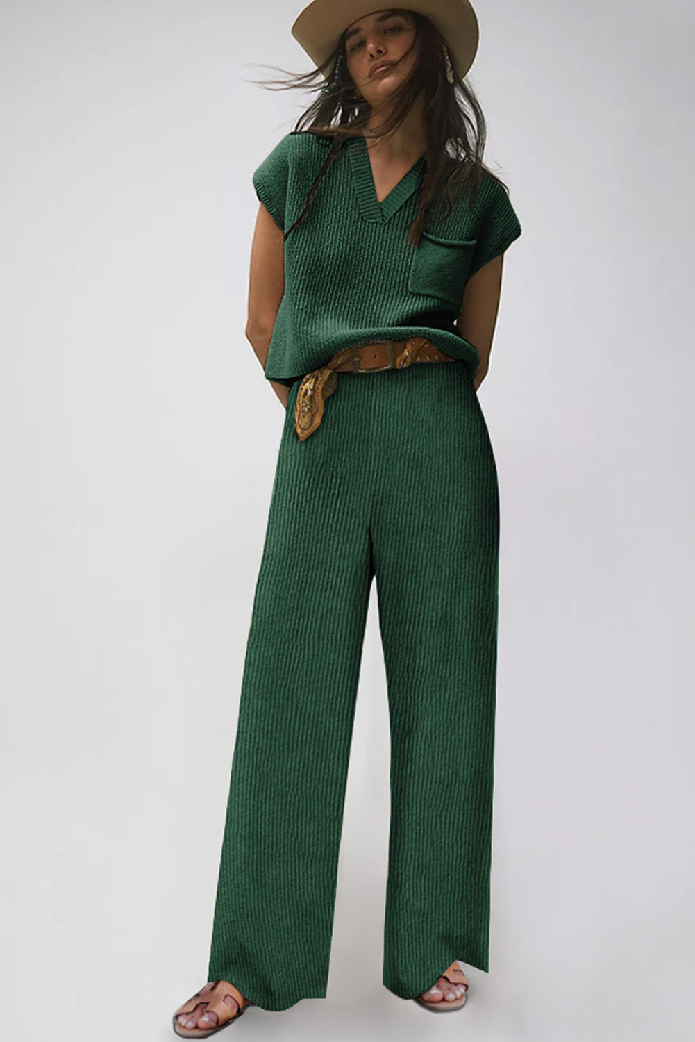 Green Knitted V Neck Sweater and Casual Pants Set