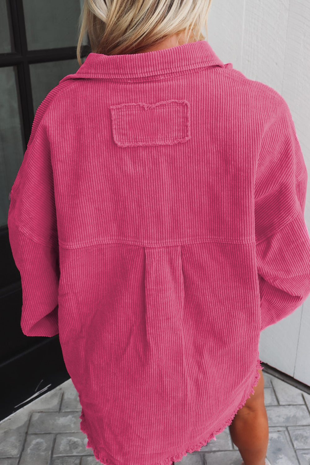 Bright Pink Corded Dual Chest Pocket Raw Hem Shacket