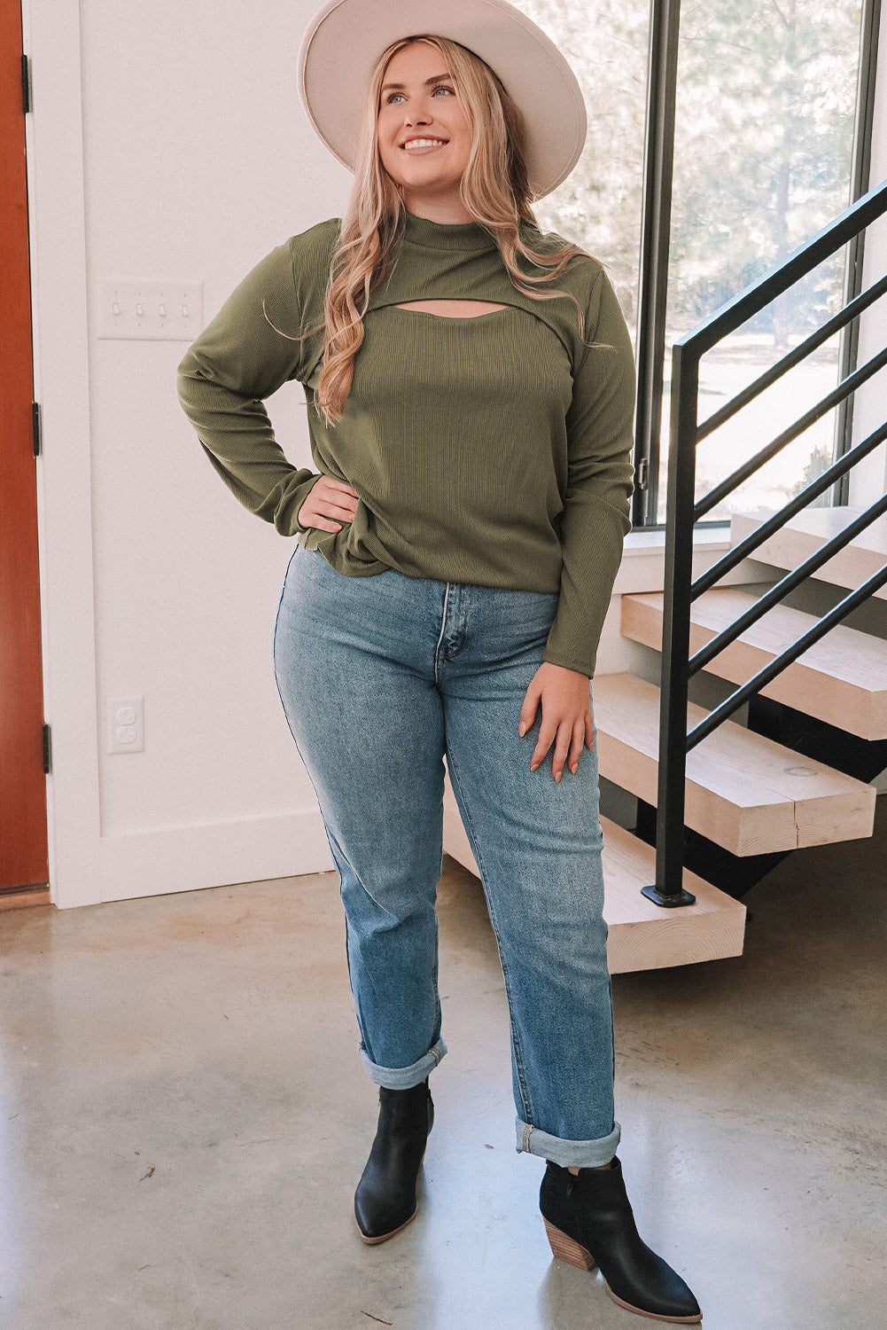 Green Plus Size Ribbed Mock Neck Peek-A-Boo Cut Out Top